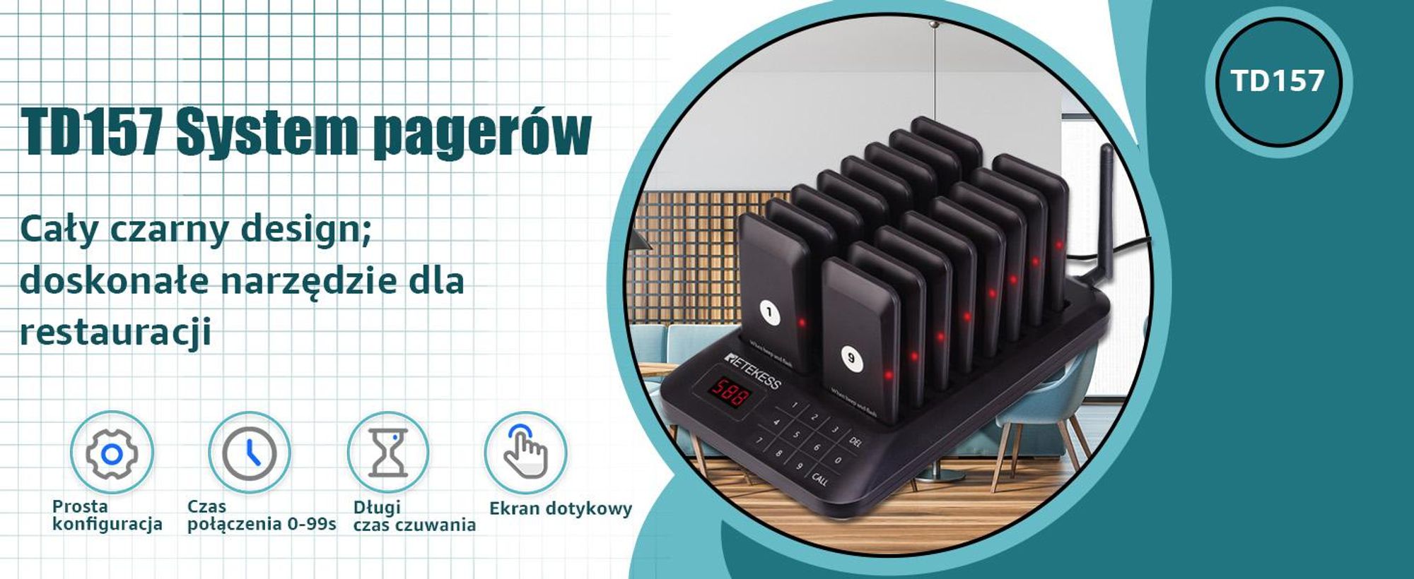 Retekess TD157 Restauracyjny system przywoławczy bezprzewodowy, 500M, 20H godzin pracy, 2 tryby wywoływania, dla dla Gastro Miasto i hotelarstwo