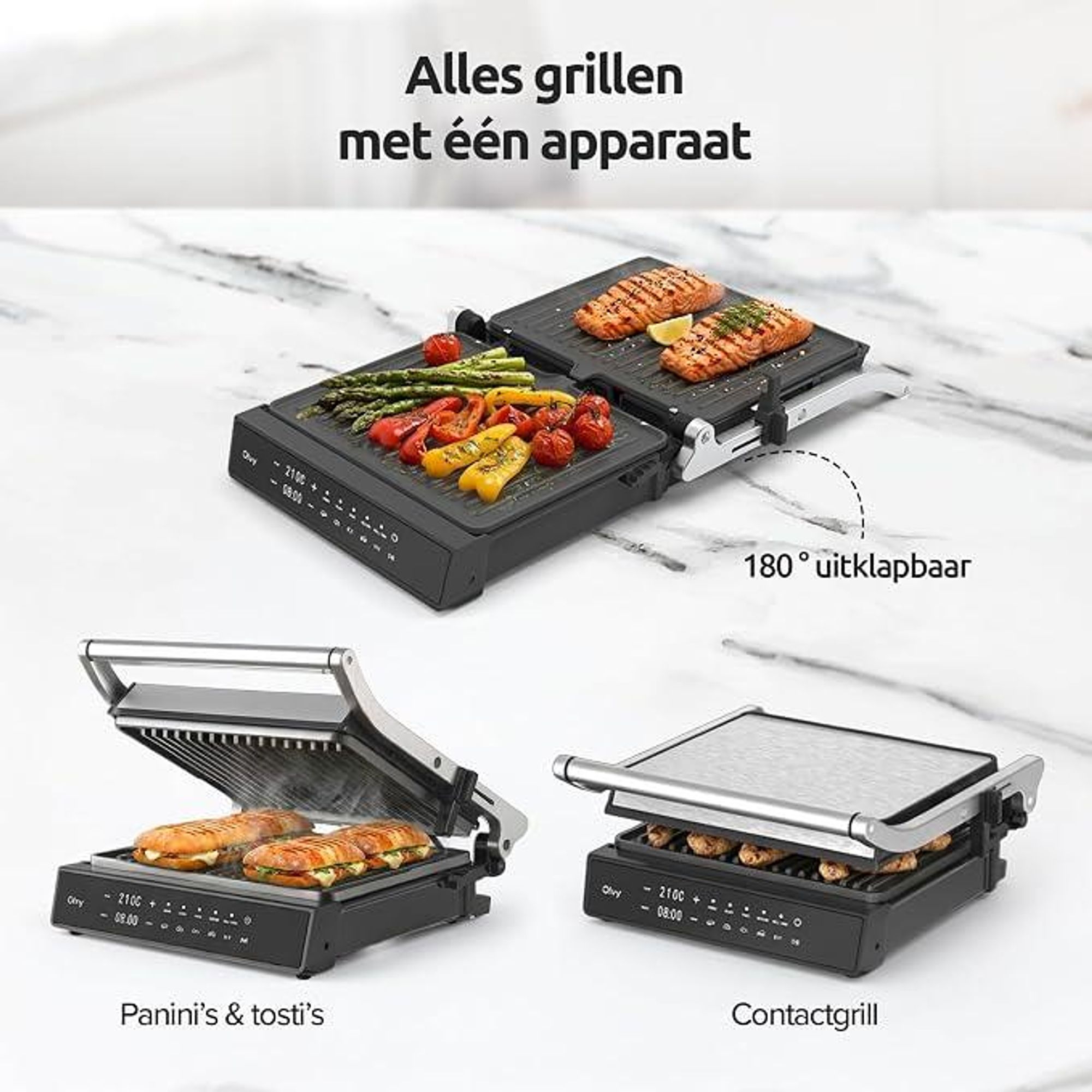 Olvy Contactgrill, 2000W, Elektrische grill, Sandwichmaker, 5 programma's, Paninigrill, Grilltoaster voor binnen, PFAS-vrije platen, Tafelgrill