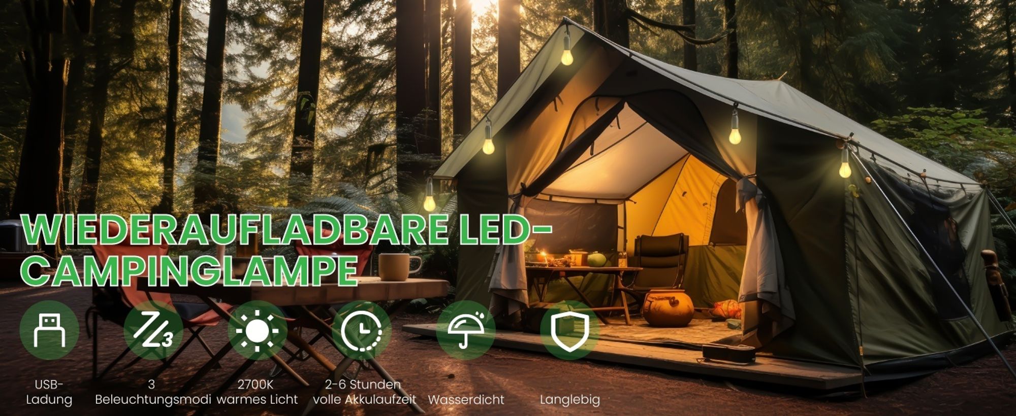 2 Stück Campinglampe, Camping Lights, LED Campinglampe Aufladbar, LED Tragbare Zeltlampe Notlicht mit Karabiner Wasserdicht für Camping, Abenteuer