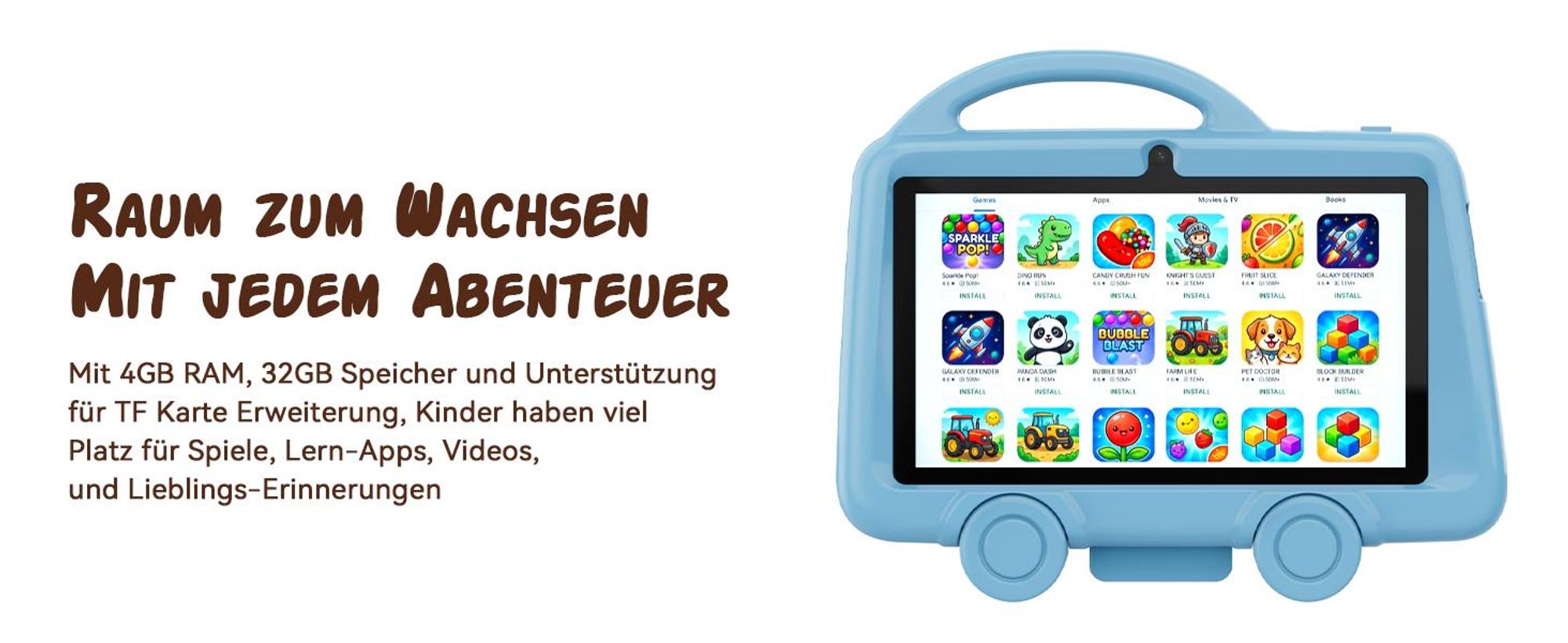 Tabwee K8 Kinder Tablet 7" , robuste Schutzhülle mit Griff und Ständer, Elternkontrolle, 4GB+32GB, Lern- & Spieltablet für Kinder von 3 bis 7 Jahren