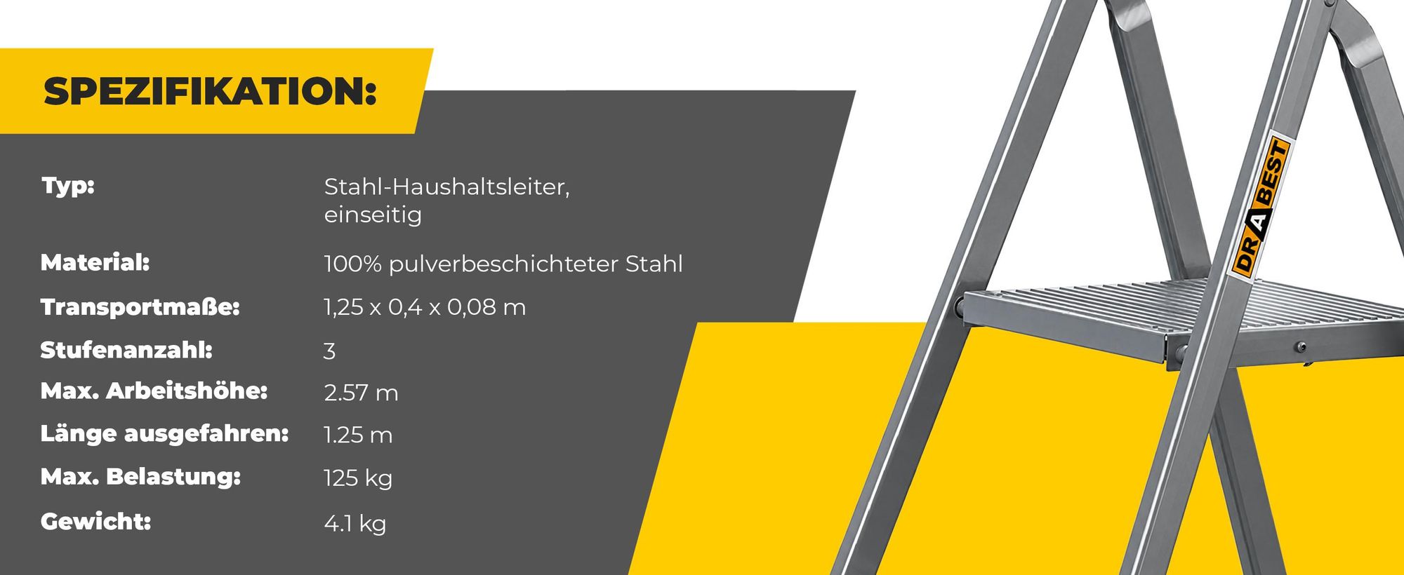 DRABEST |  Stahlleiter - Leiter - haushaltsleiter - leiter 3 stufen - Klapptritt, - Stahl - Universal - bis 125 kg