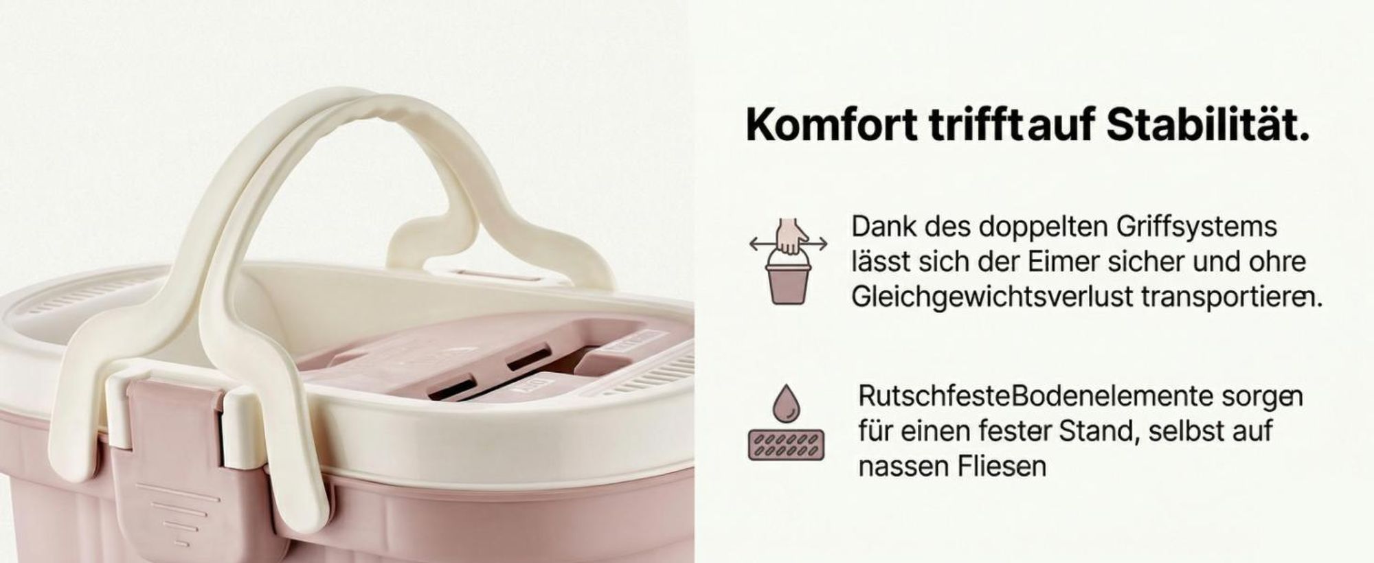 Detailansicht des Eimers mit Tragegriff und rutschfesten Bodenelementen.