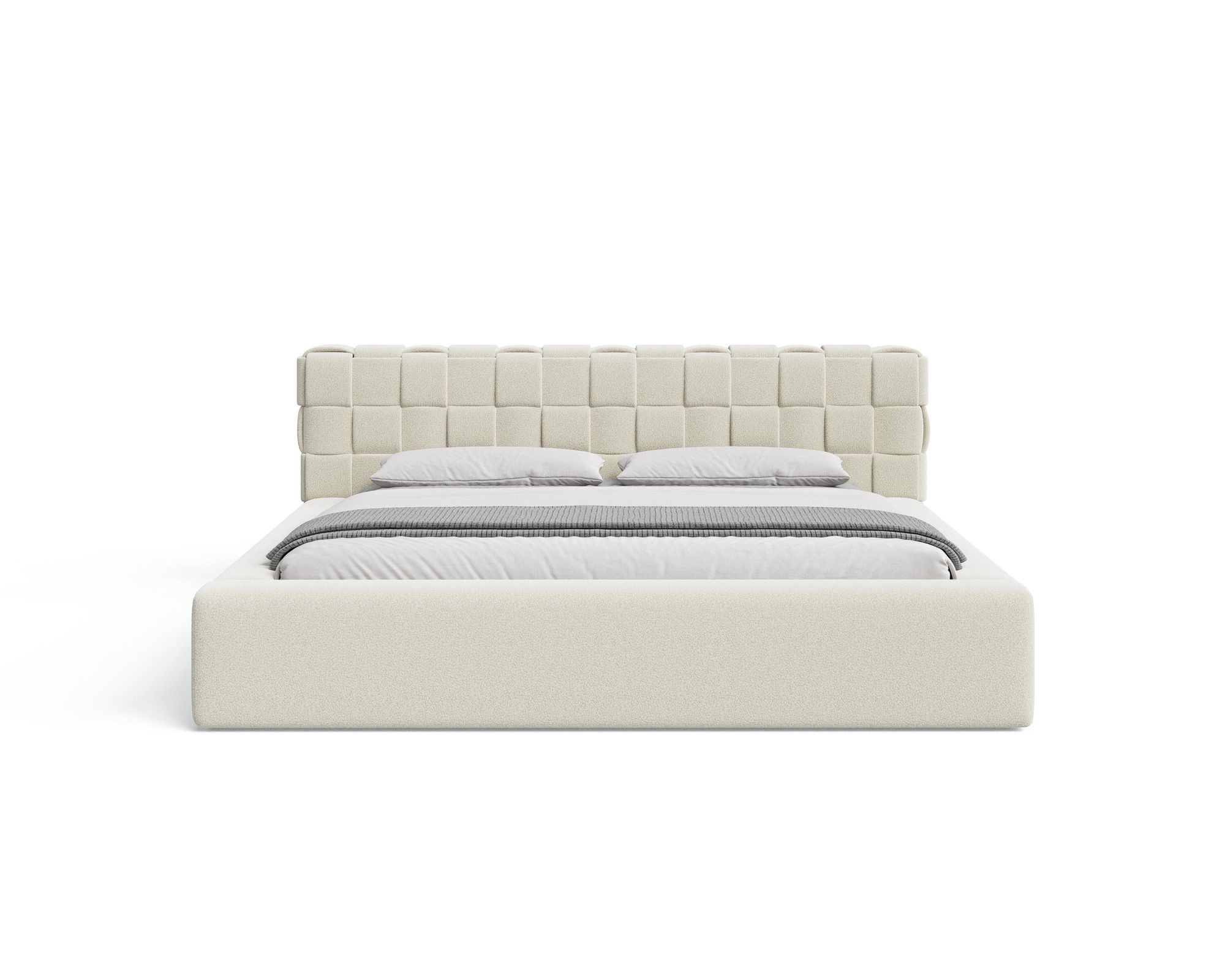 Chilly Möbel Design Bett Cube - Geometrisches Polsterbett mit Stauraum, Lattenrost und stabilem Metallrahmen 140x200 cm / Bouclé / Beige