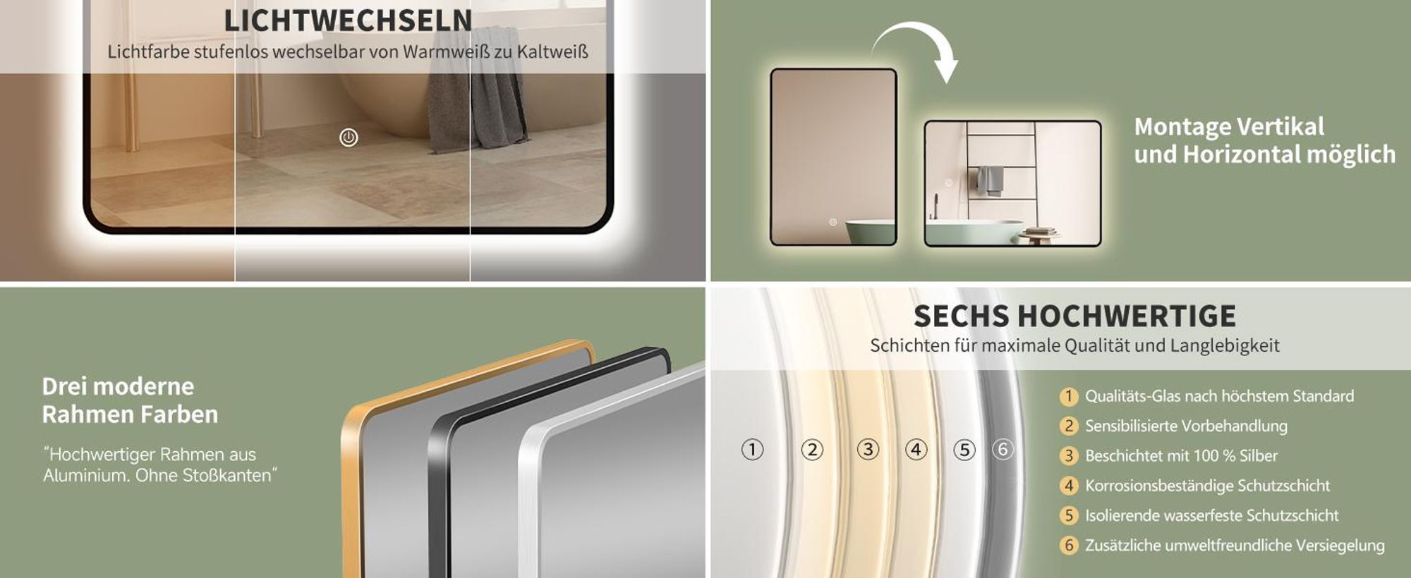 HOKO Badspiegel 50x70/70x50 cm mit Metall Rahmen Schwarz+Touch Schalter+Licht Wechsel Warmweiß-Kaltweiß-Neutral 2700-6500K. Alabama