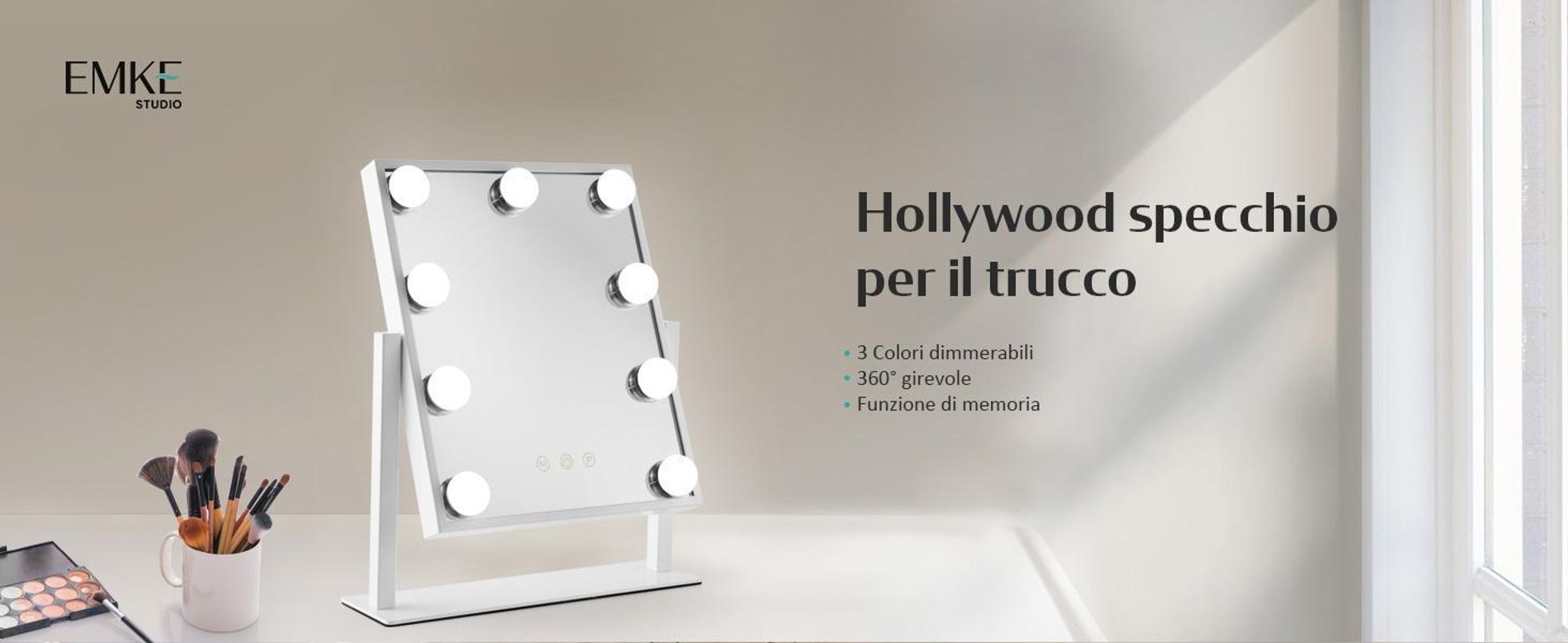 Specchio cosmetico EMKE con illuminazione a LED 47,5 x 36,5 cm Specchio per trucco Ingrandimento 7x 3 colori di luce Dimmerabile Ruotabile a 360°, bianco
