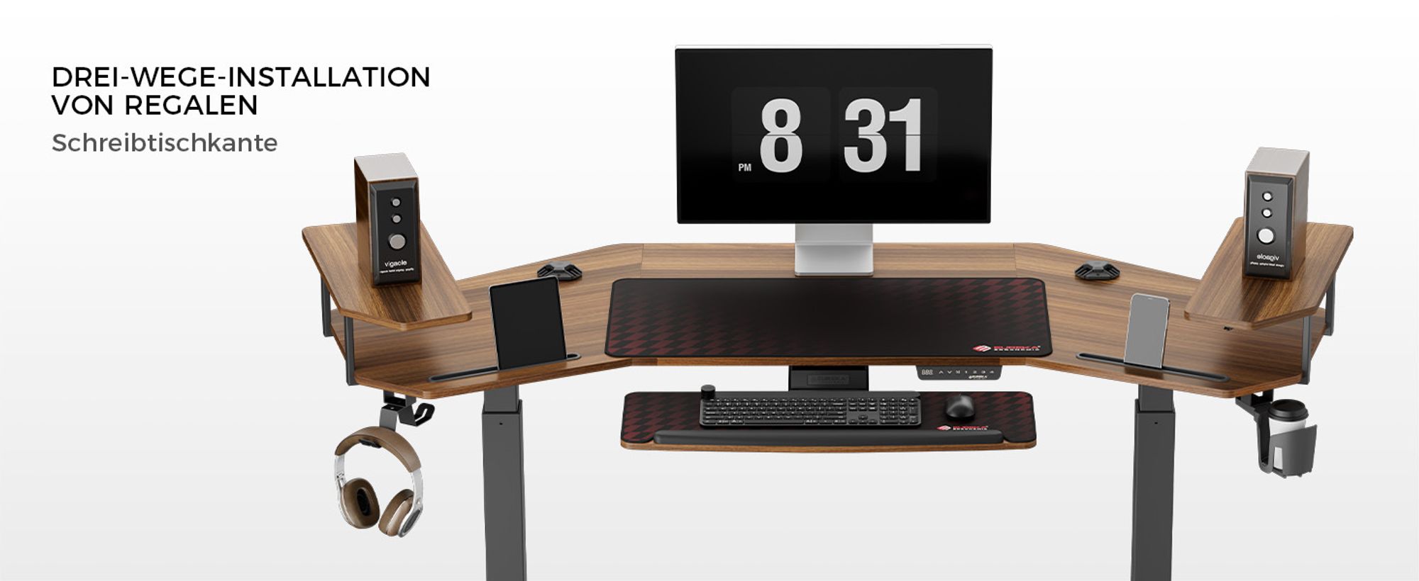 EUREKA ERGONOMIC Elektrisch Computertisch 182×76cm Höhenverstellbarer Schreibtisch Stehpult Gaming Tisch mit Monitorständer und Tastaturablage