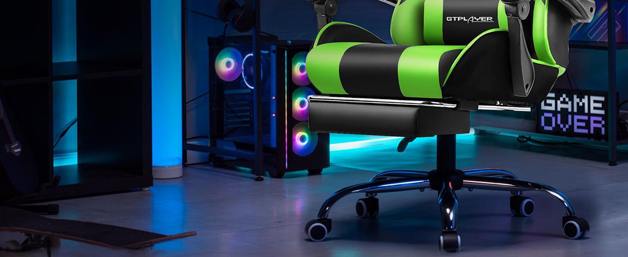 GTPLAYER Gaming Stuhl, Bürostuhl, Ergonomischer Pc Stuhl, Gaming Sessel mit Massagelendenwirbelstütze mit Fußstütze und Kopfstütze, Grün Kunstleder