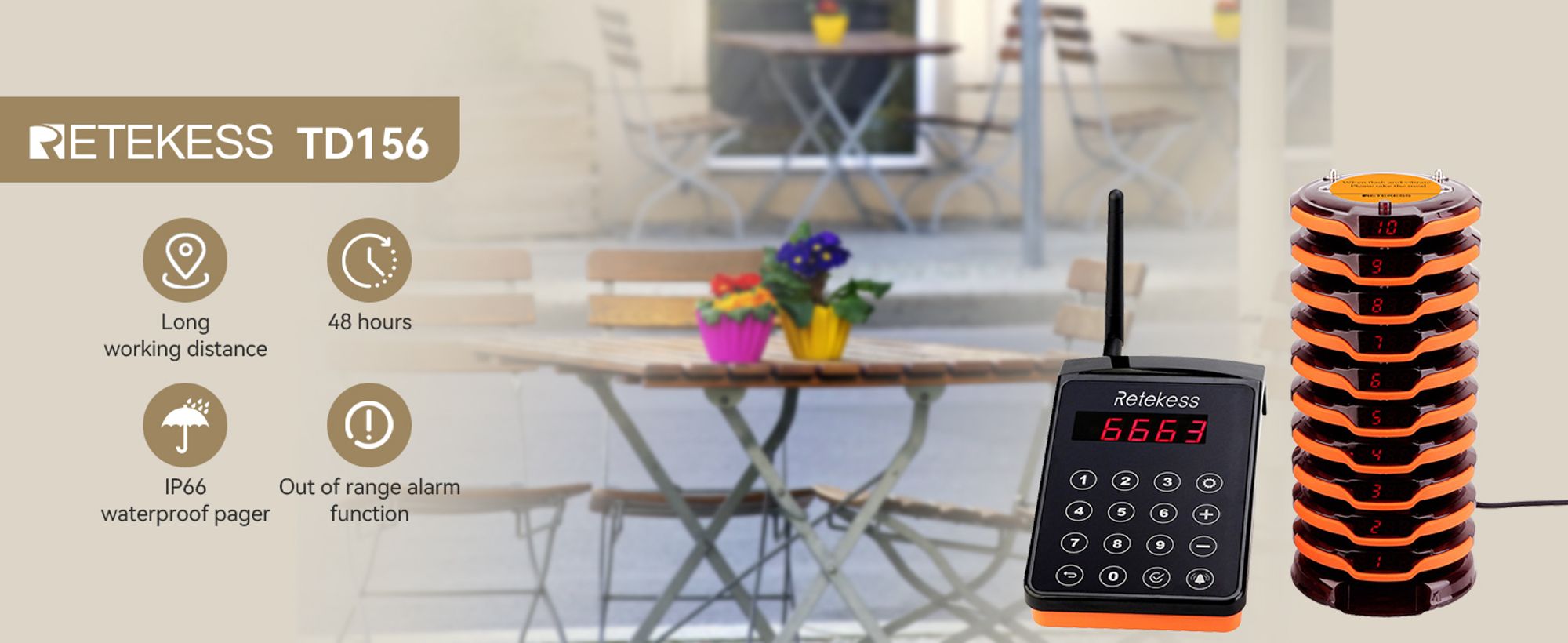 Retekess TD156 Restaurant Pager System, Kundenrufsystem, 800M, 7 Anrufmodi, sturzsicher Silikon Ring, IP66 Wasserdicht, Anrufsystem,für Restaurant Bar
