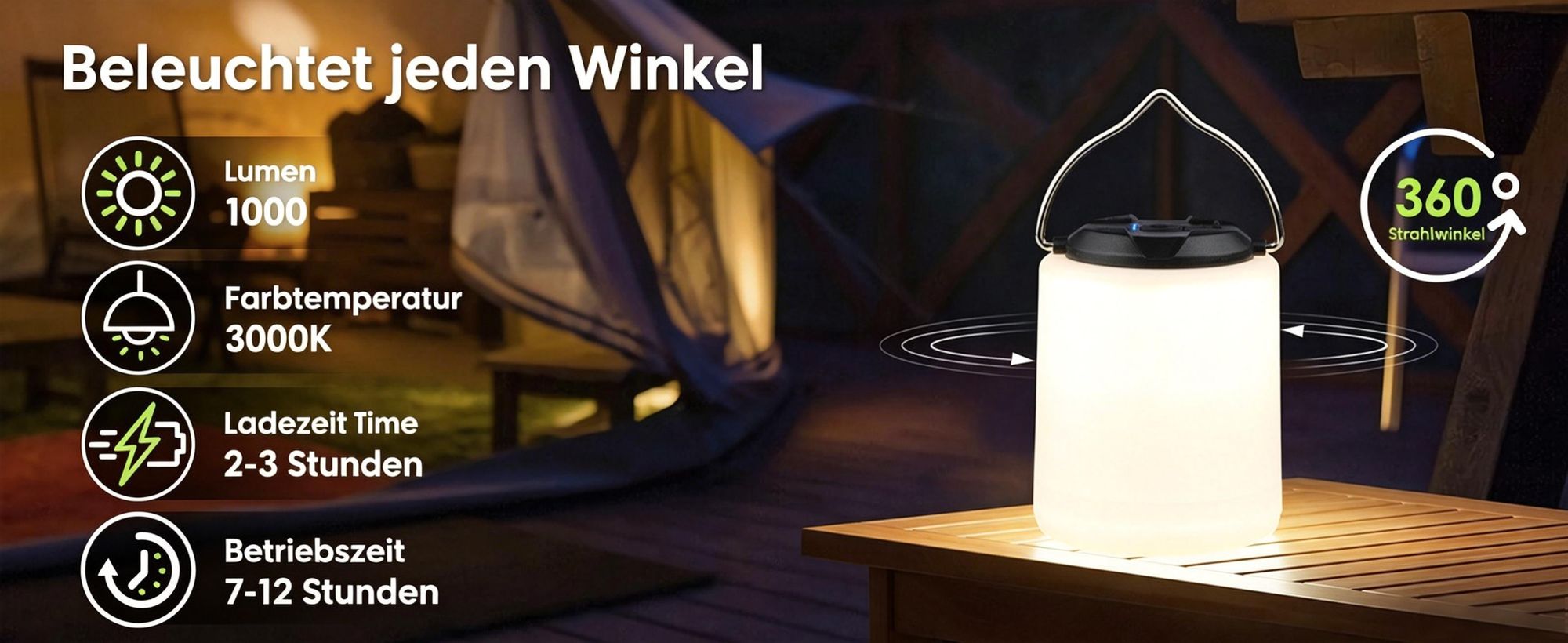 2er Campinglampe Wiederaufladbar, Camping Laterne, 3000K Warmweiß Licht, Helligkeit Einstellbar 3 Lichtmodi, 10+Std.Betriebsdauer Wasserdichte