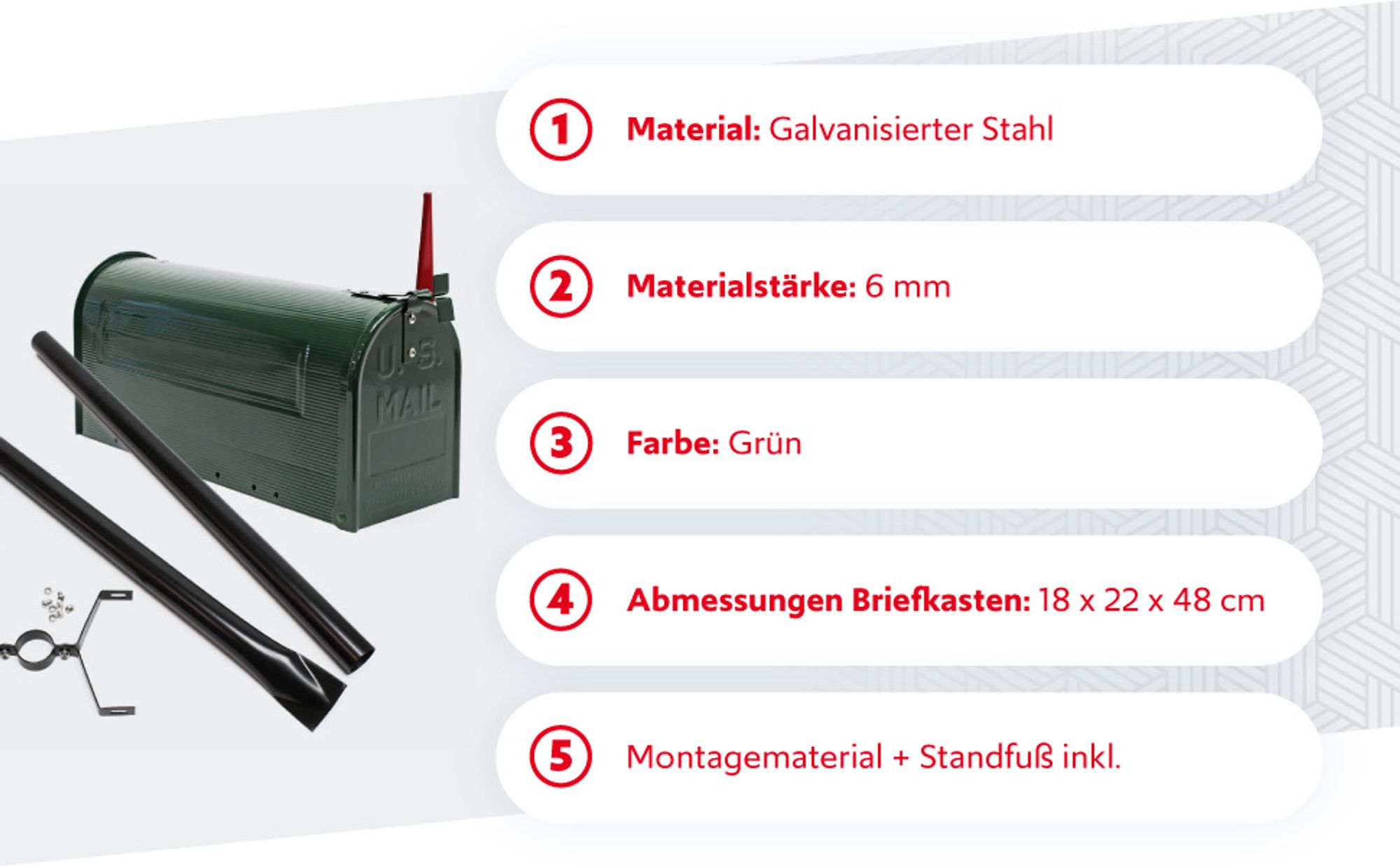 Wiltec Set US Mailbox grün 180 x 220 x 480 mm, amerikanischer Briefkasten mit Fahne, Standbriefkasten Stahl amerikanisches Design mit passendem Standfuß