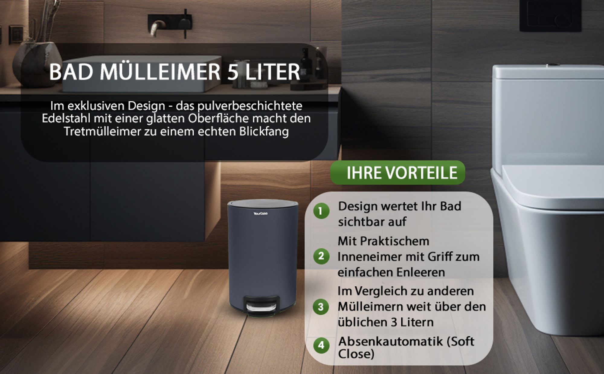 YourCasa Mülleimer Bad [5L] - Elegantes Design - Badezimmer Mülleimer Klein - Kosmetikeimer - Bad Mülleimer Grau