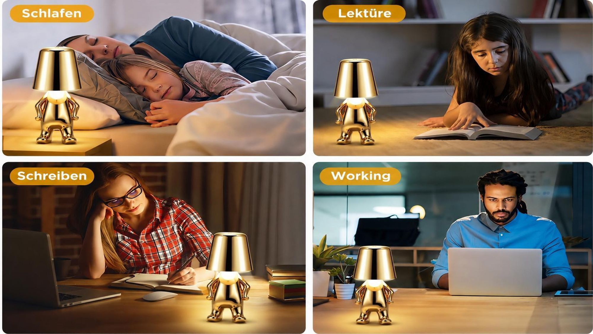 Thinker-Statue LED Nachttischlampe mit Touch-Steuerung,USB-Aufladung,3 Helligkeitsstufen,Kabellose Dimmbare Tischlampe,Dekorative Nachtlicht,(Gold E)
