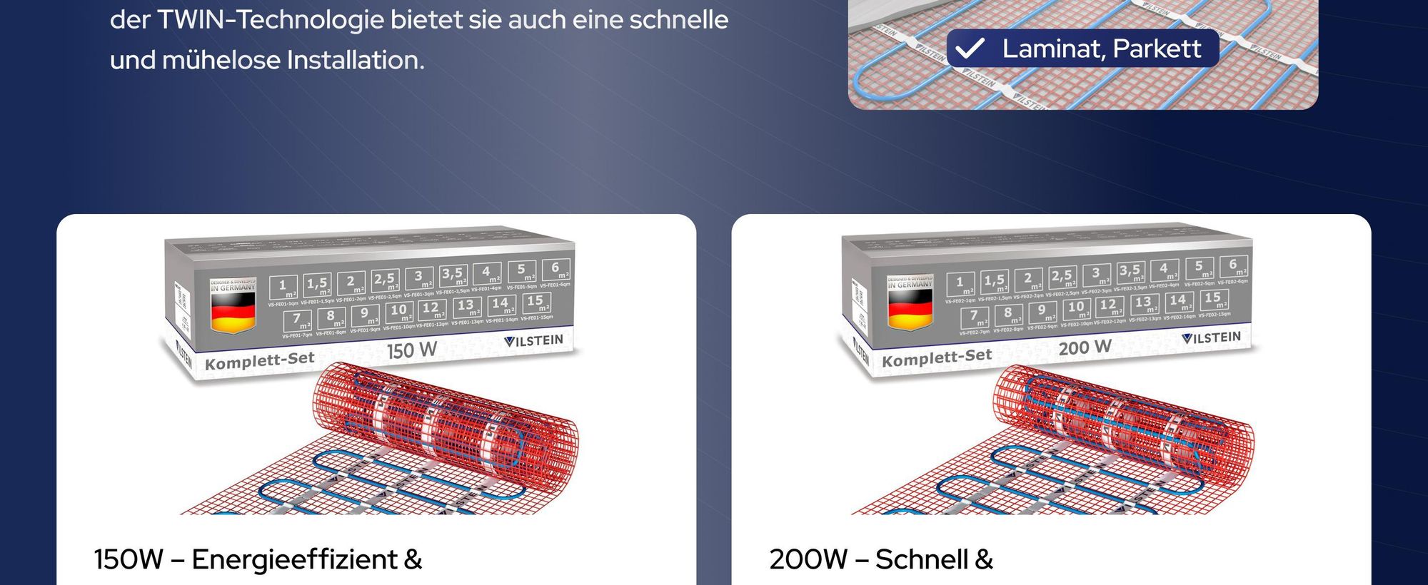 VILSTEIN© Elektrische Fußbodenheizung 150W/m² TWIN Technologie Elektro Komplett-Set -  3m² - 6m