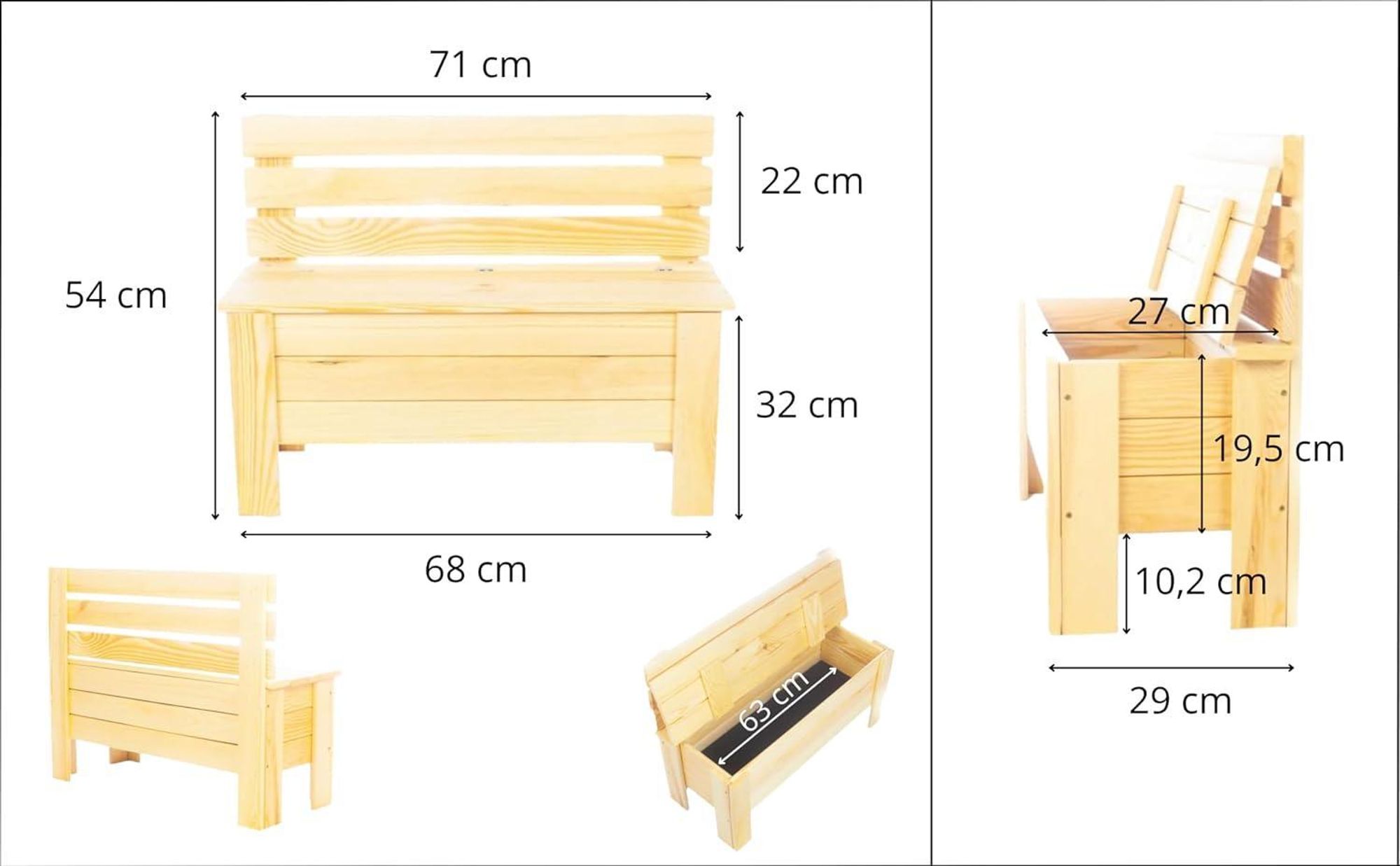 STOLMAK Gartenbox aus Holz 111 l 71x54x29 cm Schwarz Massivholz Kiefer Auflagenbox Kissenbox Holztruhe Sitzbank Gartenmöbel