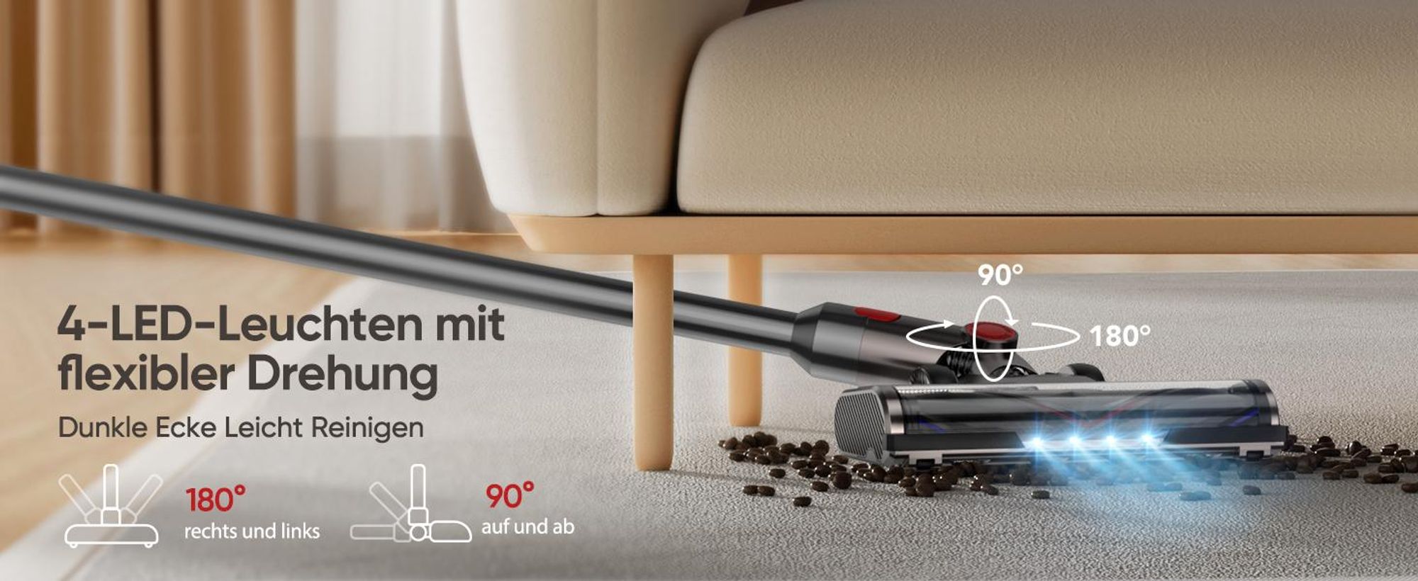 Bürste kompatibel für Dyson V7 V8 V10 V11 V15 Staubsauger, Bürste mit 4-LED Scheinwerfern, Flexibler Rotation und 2 Ersatzrollen, Bodenbürste Zubehör