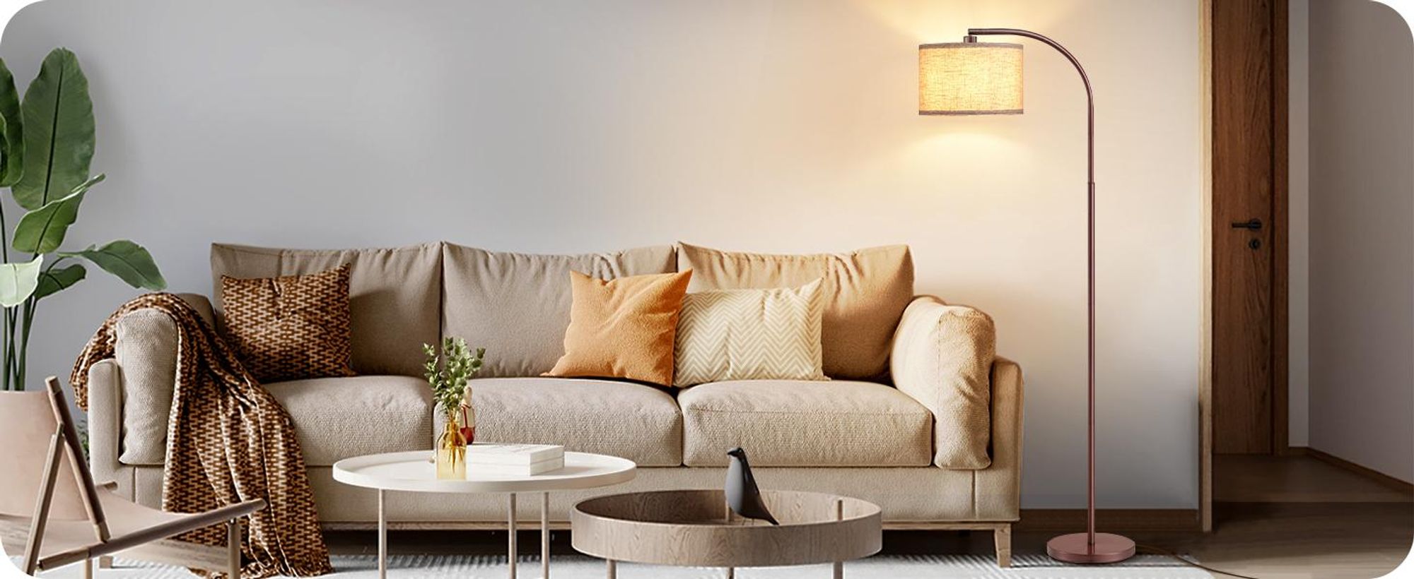EDISHINE Braun Stehlampe Wohnzimmer mit Verstellem Beigen Leinen-Lampenschirm & Fußschalter, 161cm Bogenlampe, Leselampe mit E27 LED-Glühbirne