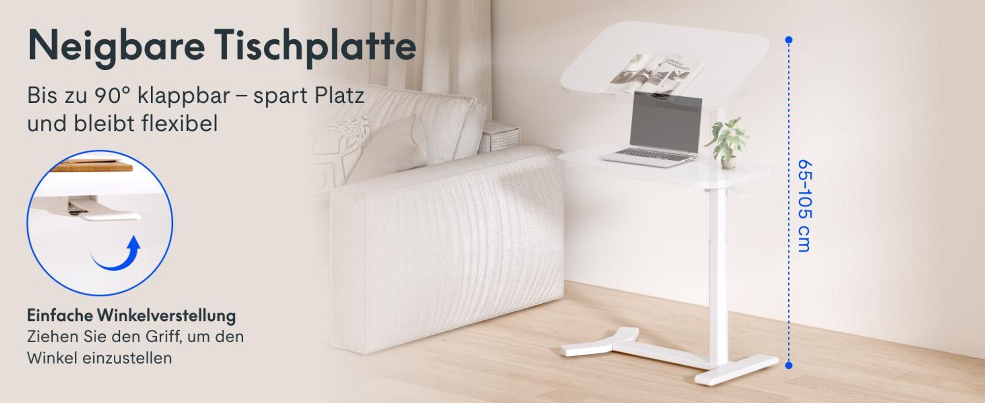 FLEXISPOT Beistelltisch Höhenverstellbar in C-Form, klappbarer Laptoptisch mit Rollen, 65–105 cm, Nachttisch, für Bett und Sofa, Weiß