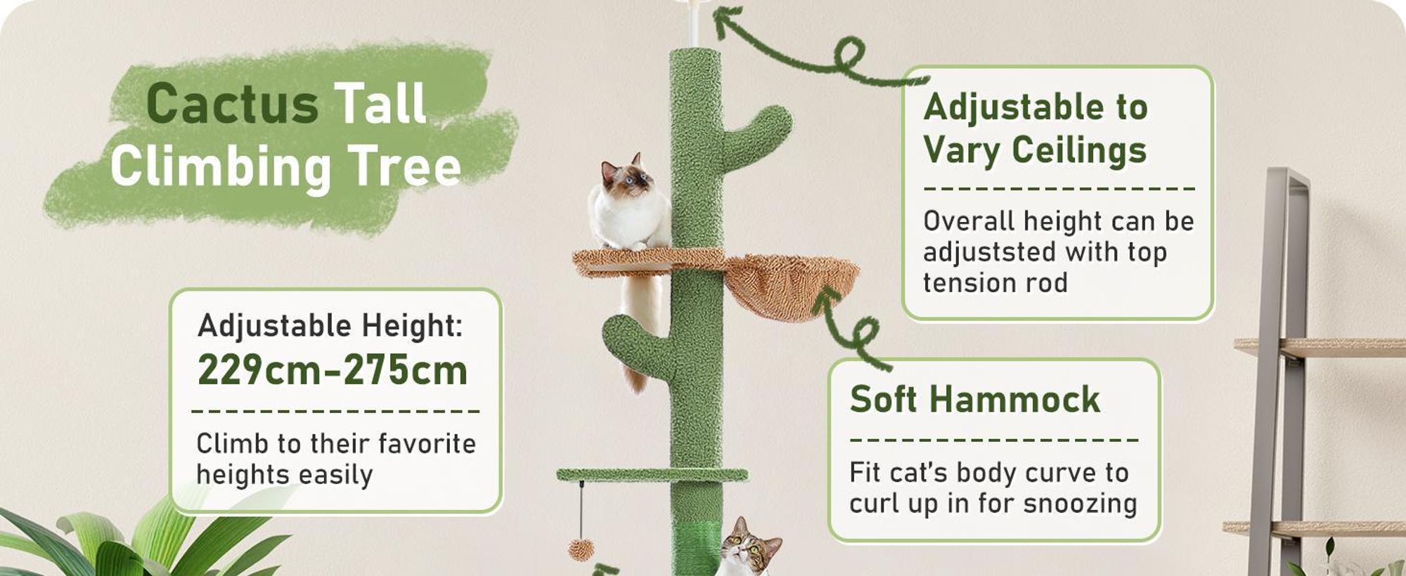 PAWZ Road Kaktus Kratzbaum deckenhoch 229cm - 275cm cm höhenverstellbarer,Katzenkratzbaum mit 4 Ebenen-Katzenbaum Deckenspanner-Katzenmöbel mit Sisal