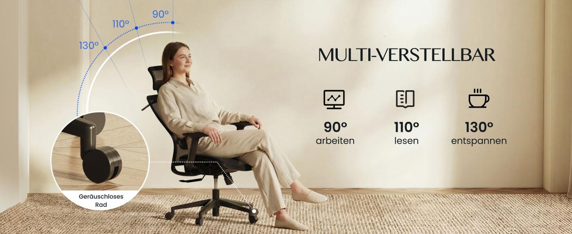 FlexiSpot OC3 Ergonomischer Bürostuhl, Schreibtischstuhl mit 2D-Kopfstütze, dynamischer Lendenstütze und verstellbaren Armlehnen, atmungsaktiv Schwarz