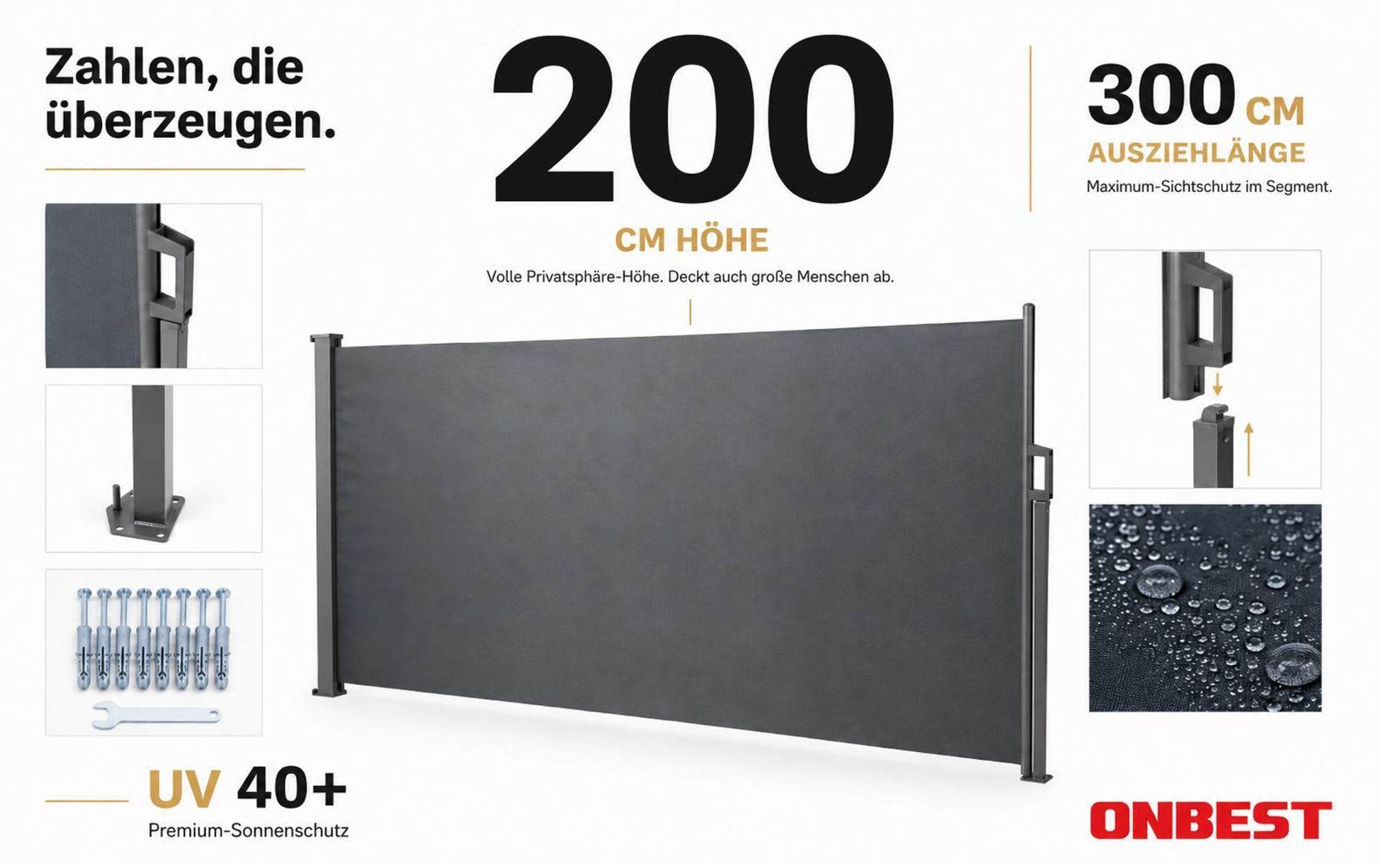 ONBEST Seitenmarkise | 200 x 300 cm | Ausziehbar | mit Schrauben und Dübel | Wasserabweisend | UV-Beständig