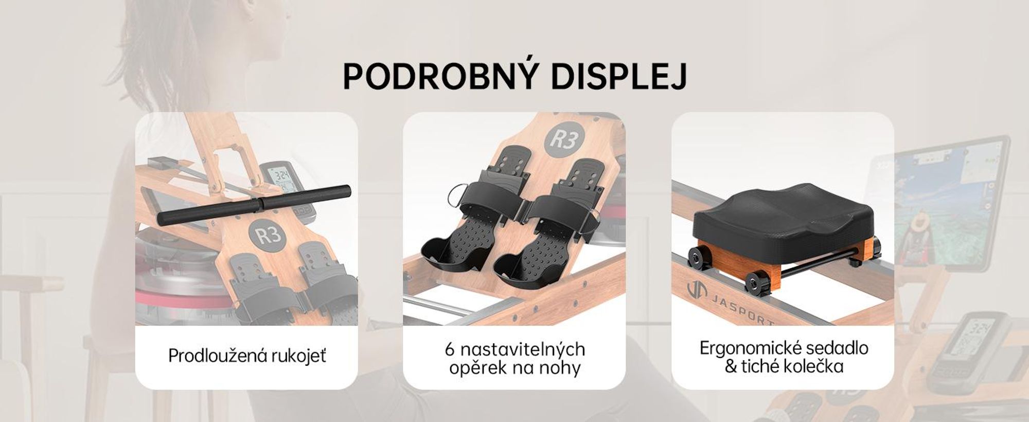 JASPORT R3 skládací veslovací trenažér z ho dubového dřeva s vodním odporem, Bluetooth, LCD, Kinomap, 28 l, do 150 kg – Cherry