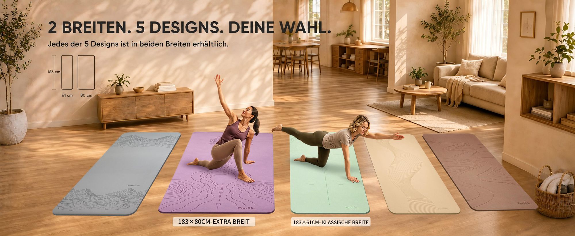 FUNLIFE Yogamatte 183 × 61 cm, 8 mm TPE rutschfest, Fitnessmatte Gymnastikmatte Sportmatte mit Tragegurt für Yoga, Pilates & Home Workout , Lavender
