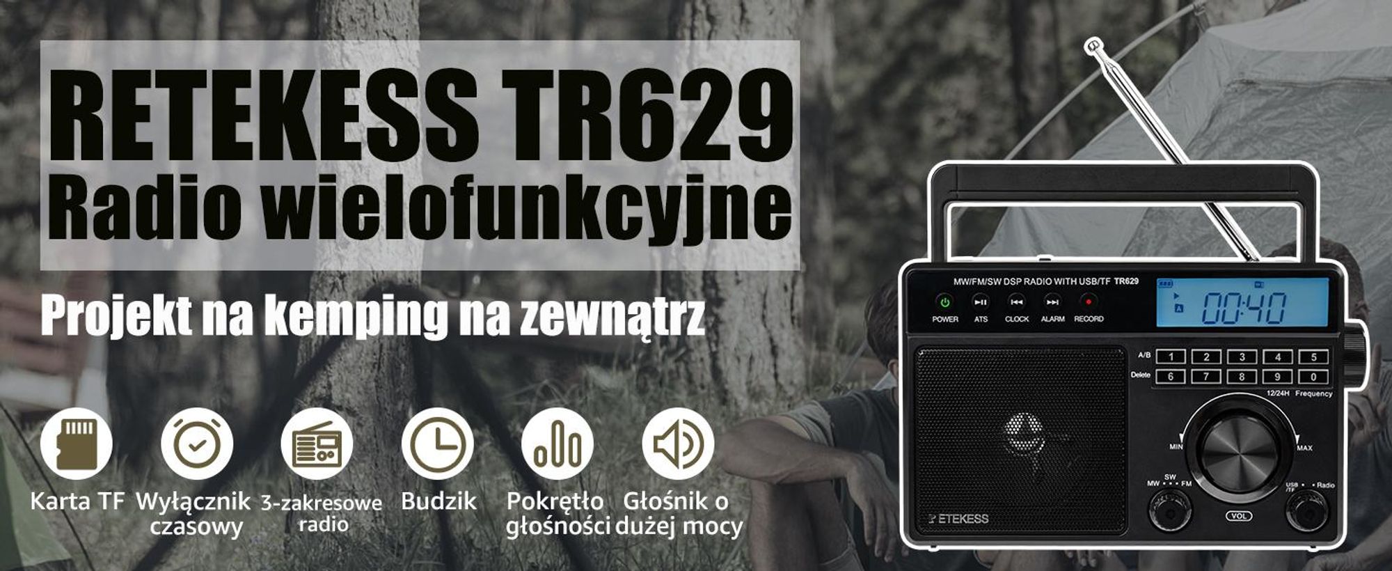 Przenośne radio Retekess TR629, radio alarmowe AM FM SW World Receiver z DSP, obsługa dysków U/kart SD, zegar, budzik, radio na baterie, prezenty dla osób starszych