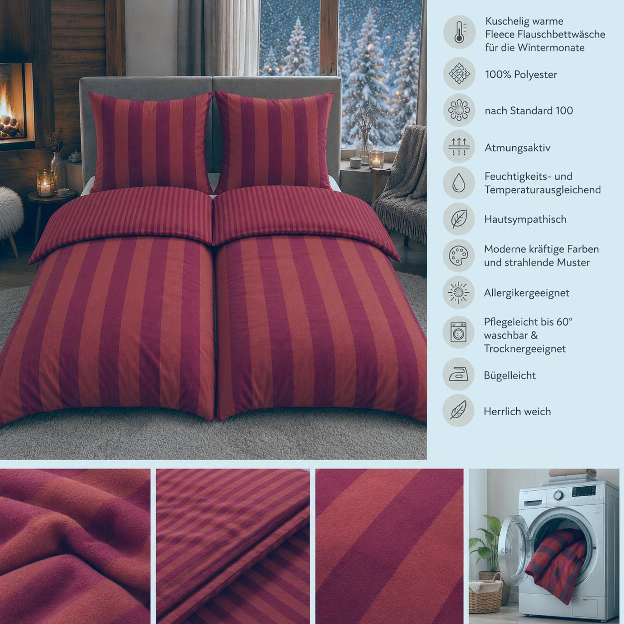 Bettwäsche Winter Flausch Fleece Thermofleece warm 2 teilig mit RV 135x200 + 80x80 cm Design: Edle Streifen Rosenholz