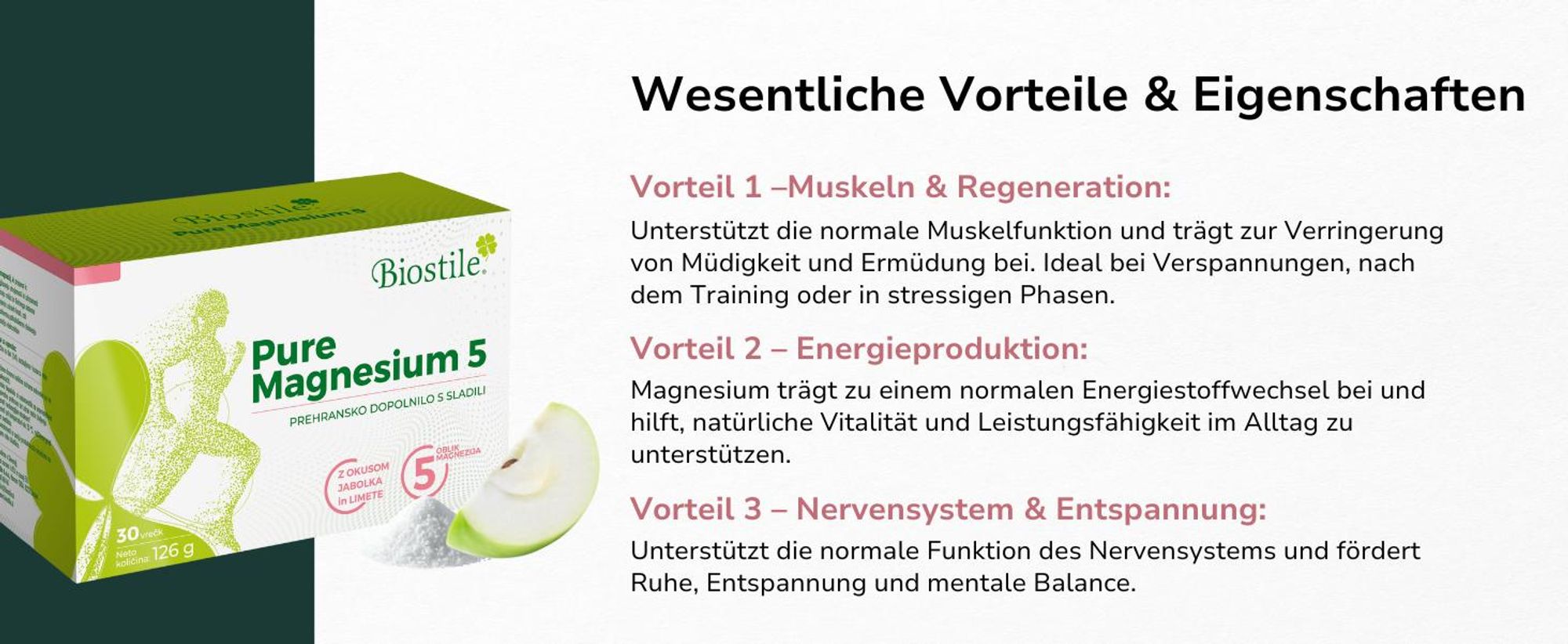 Sportlich aktive Person neben einer Produktübersicht zu Biostile Pure Magnesium 5