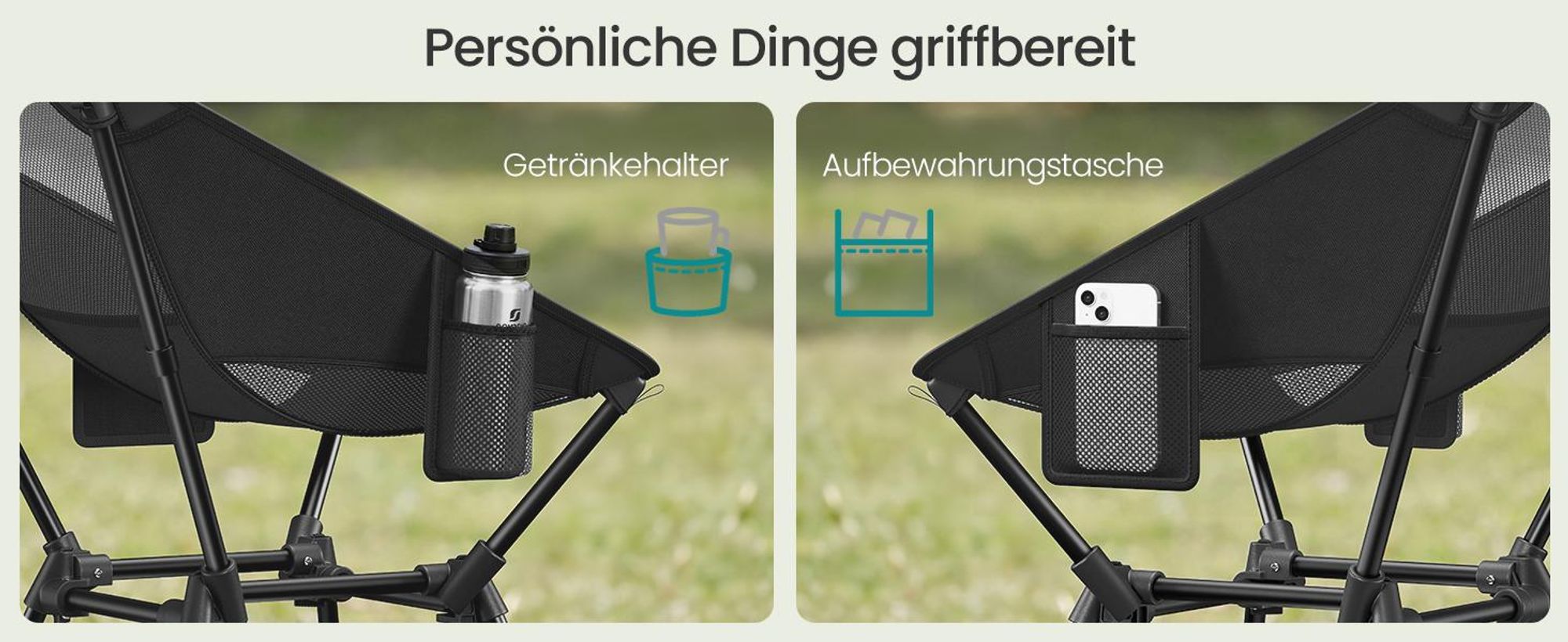SONGMICS Campingstuhl höhenverstellbar, Klappstuhl mit Stahlrahmen, 2 Aufbewahrungstaschen, Outdoor, schwarz