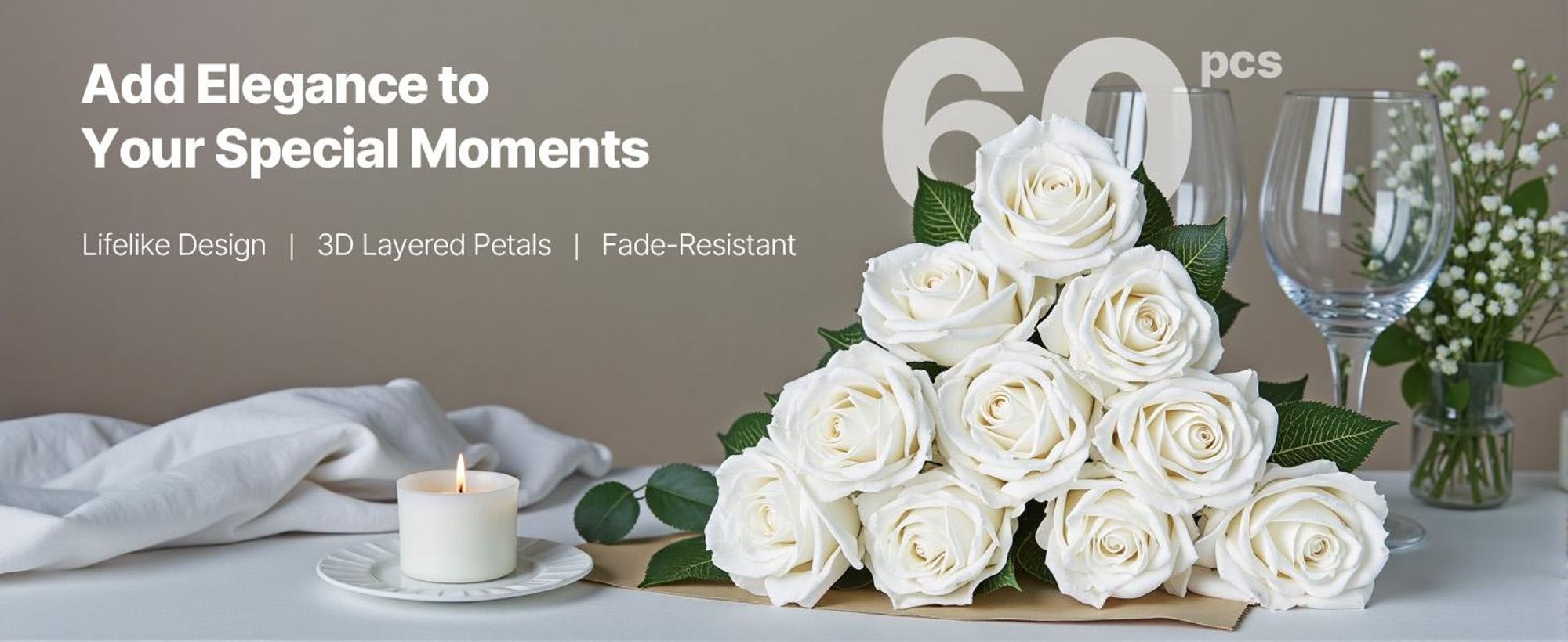 VEVOR Kunstblumen, 500 Stück Realistisch Aussehende Rote Schaumstoff Fake Rosen Großpackung, Künstliche Rote Brautdusche mit Stielen für DIY Hochzeitssträuße, Heim-Centerpieces Arrangements, Partytischdekorationen, 60 Stück, Weiß-a