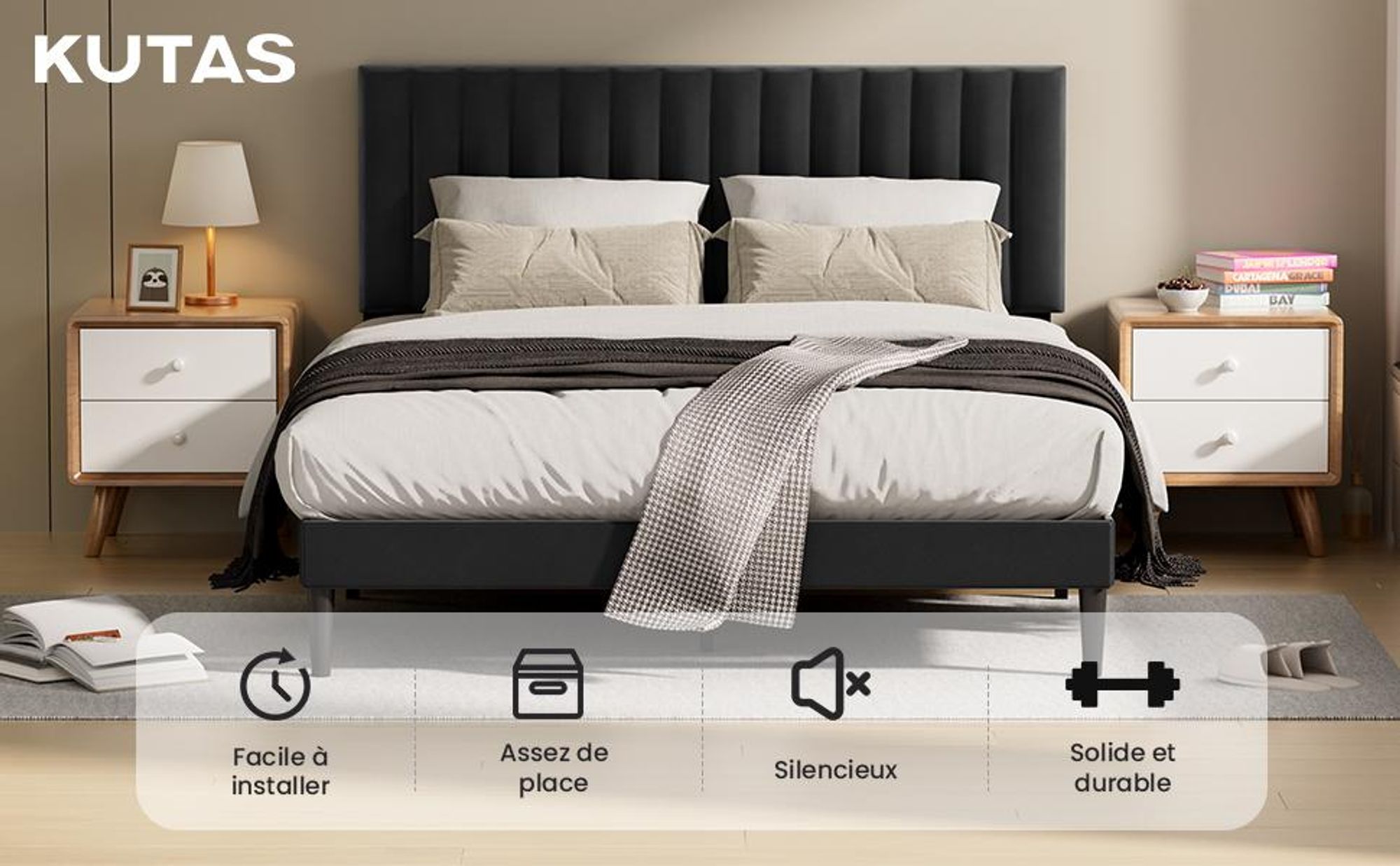 Lit rembourré 140 x 190 cm avec tête de lit réglable, sommier à 12 lattes, cadre de lit robuste pour chambre à coucher ou chambre d'adolescent, charge maximale de 480 kg, noir