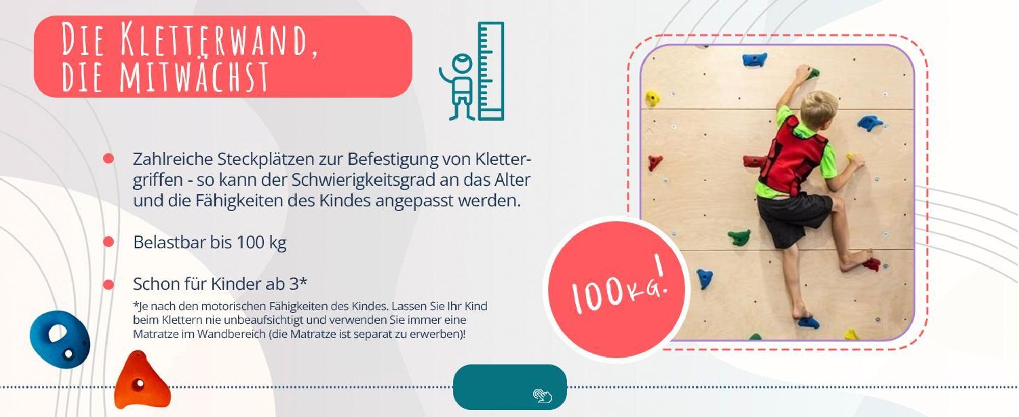 Create for you® - Kletterwand Kinderzimmer + 5 Klettersteine, Indoor, 60x120cm