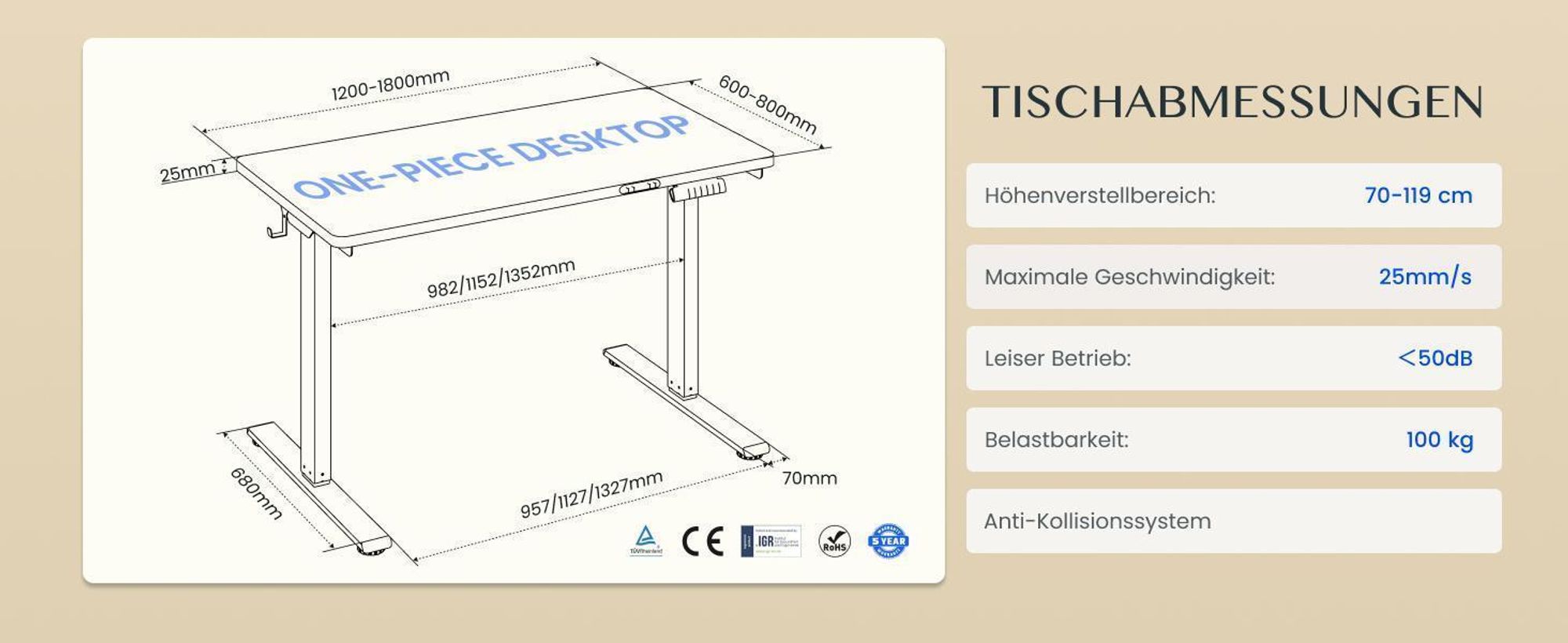 FLEXISPOT E1 Pro Elektrisch Höhenverstellbarer Schreibtisch EU, 160x80cm 25MM EINTEILIGE TISCHPLATTE Doppelmotor 120KG Tragkraft Kaffee-Eiche Optik