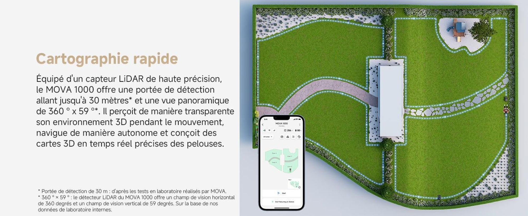 MOVA 1000 Robot Tondeuse 3D-LiDAR jusqu'à 1000 m², installation sans fil, évitement intelligent, App contrôle, roues tout-terrain, coupe en U