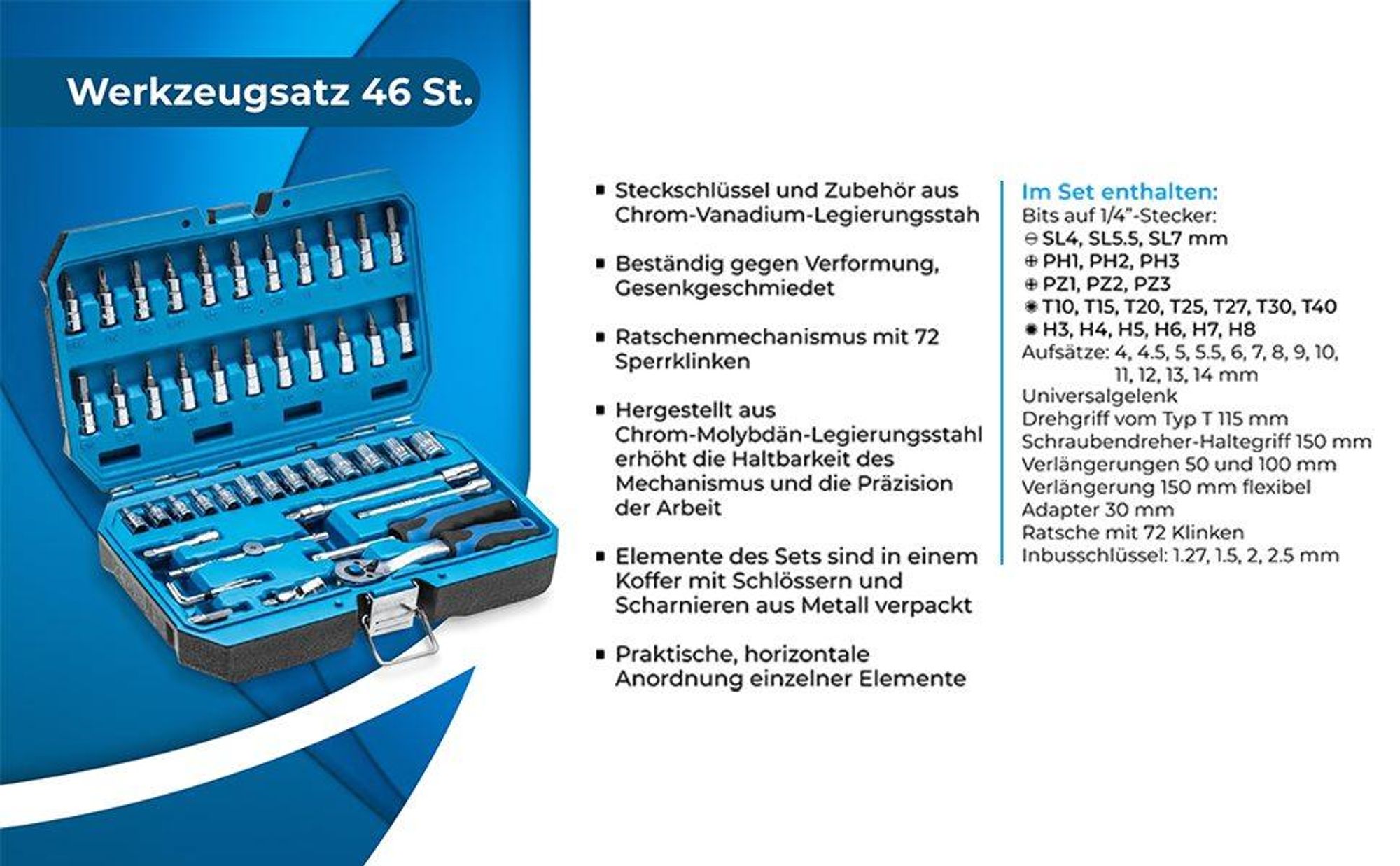 Högert Technik - Werkzeugset, Steckschlüssel, Bits und Zubehör 1/4”, Hochqualitativem Legiertem CrV-Stahl, Gesenkgeschmiedet, Ratschenmechanik mit 72 Sperrklinken, HT1R416 - 46-tlg