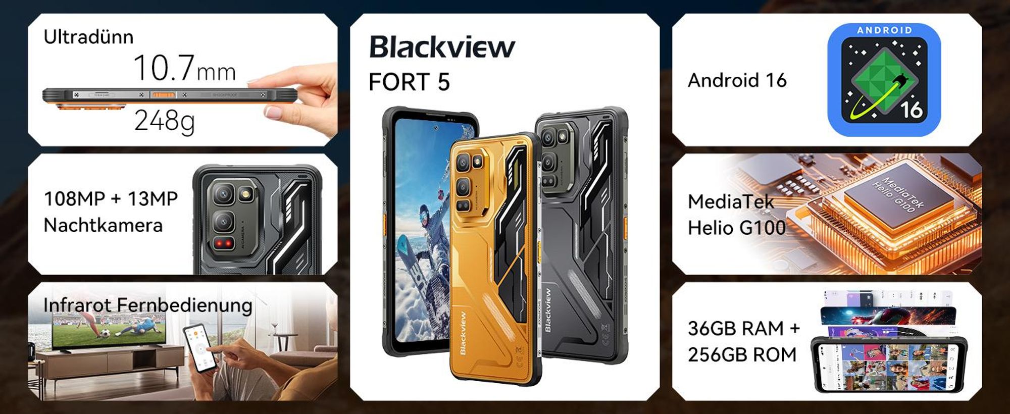Blackview FORT 5  incl Aurabass1,AI Outdoor Handy,36(12+24)+256GB, 6,78" HD,120 Hz,NFC,IP68 und IP69K,108 MP Hauptkamera, Android 16,5000 mAh