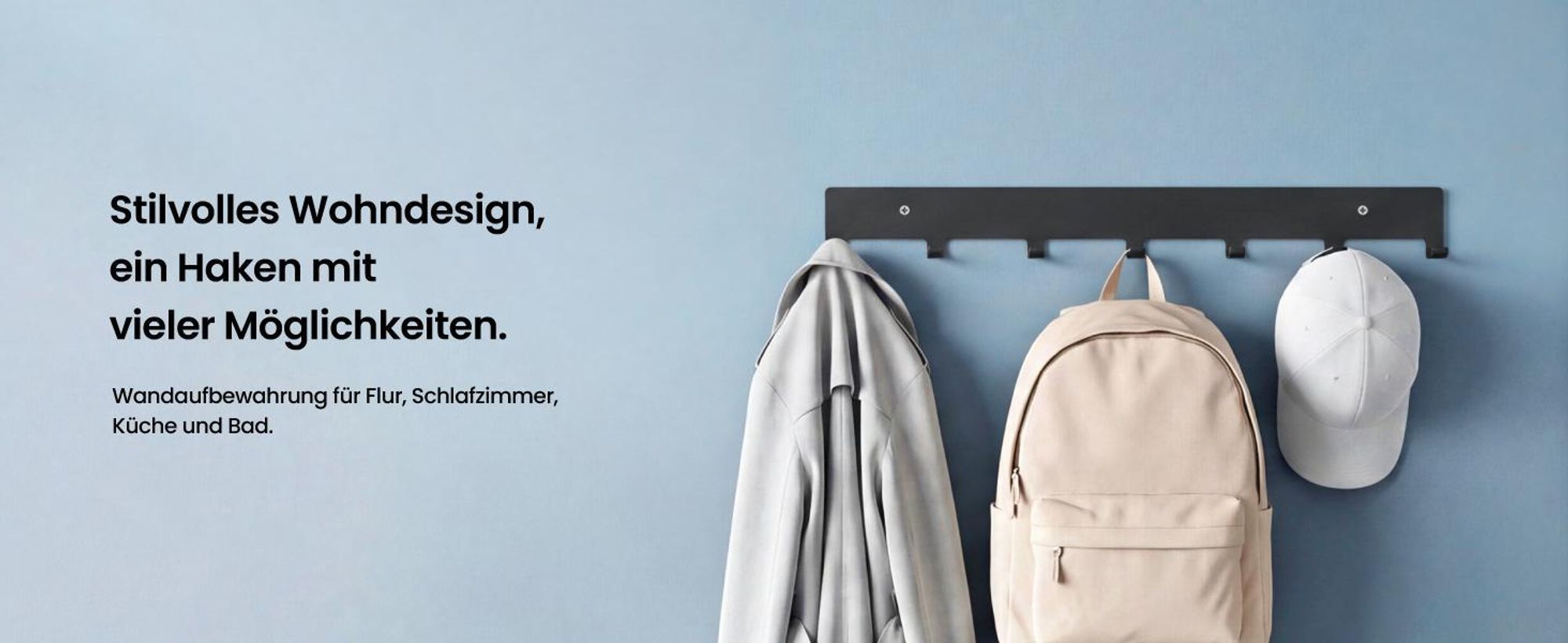 Mai & Mai Kleiderhaken Garderobenhaken zum Bohren oder Kleben, Wandhaken mit 7 Haken, Garderobenleiste Wandgarderobe 50cm Weiß Stalo-17