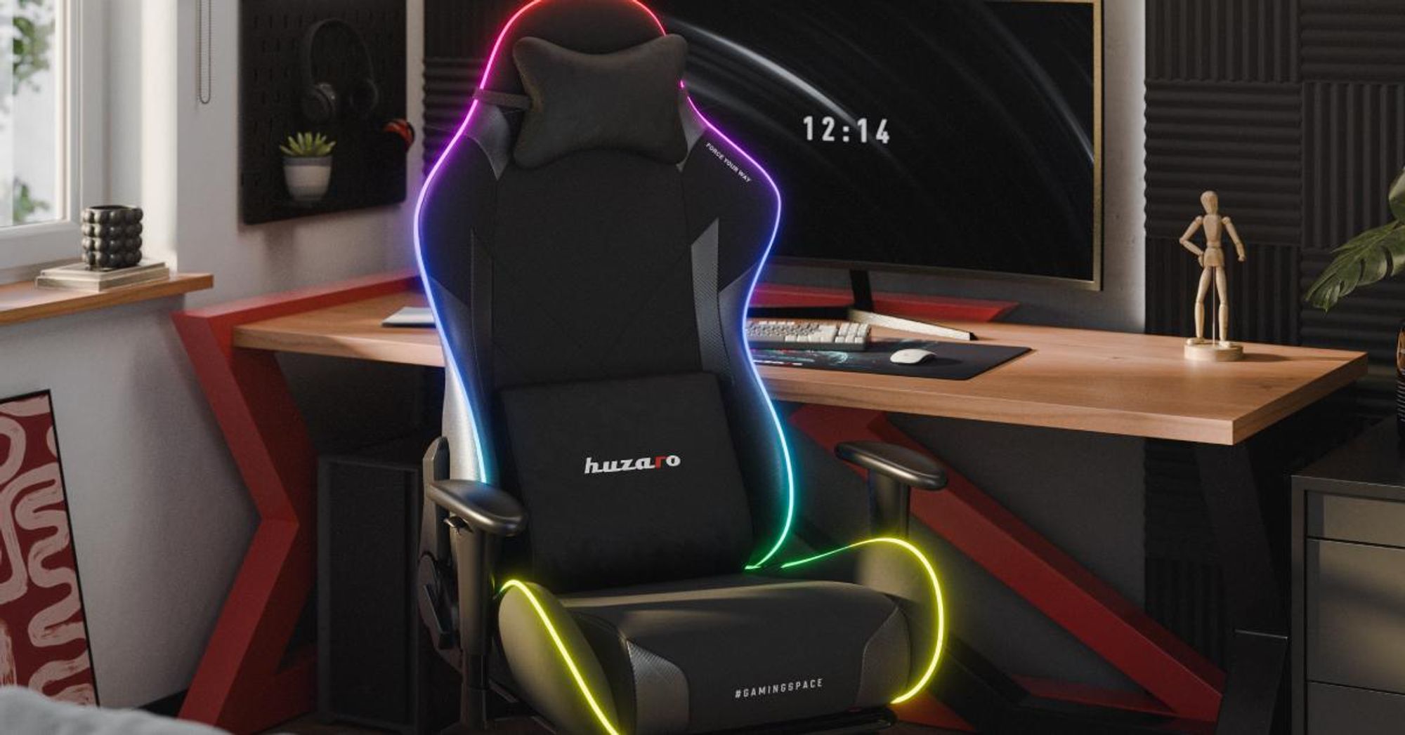 Huzaro Force 5.7 RGB Black Carbon – Gaming Stuhl, LED-Beleuchtung, 2D-Armlehnen, Fußstütze, 155° Neigung, Kissen, SGS, 136 kg