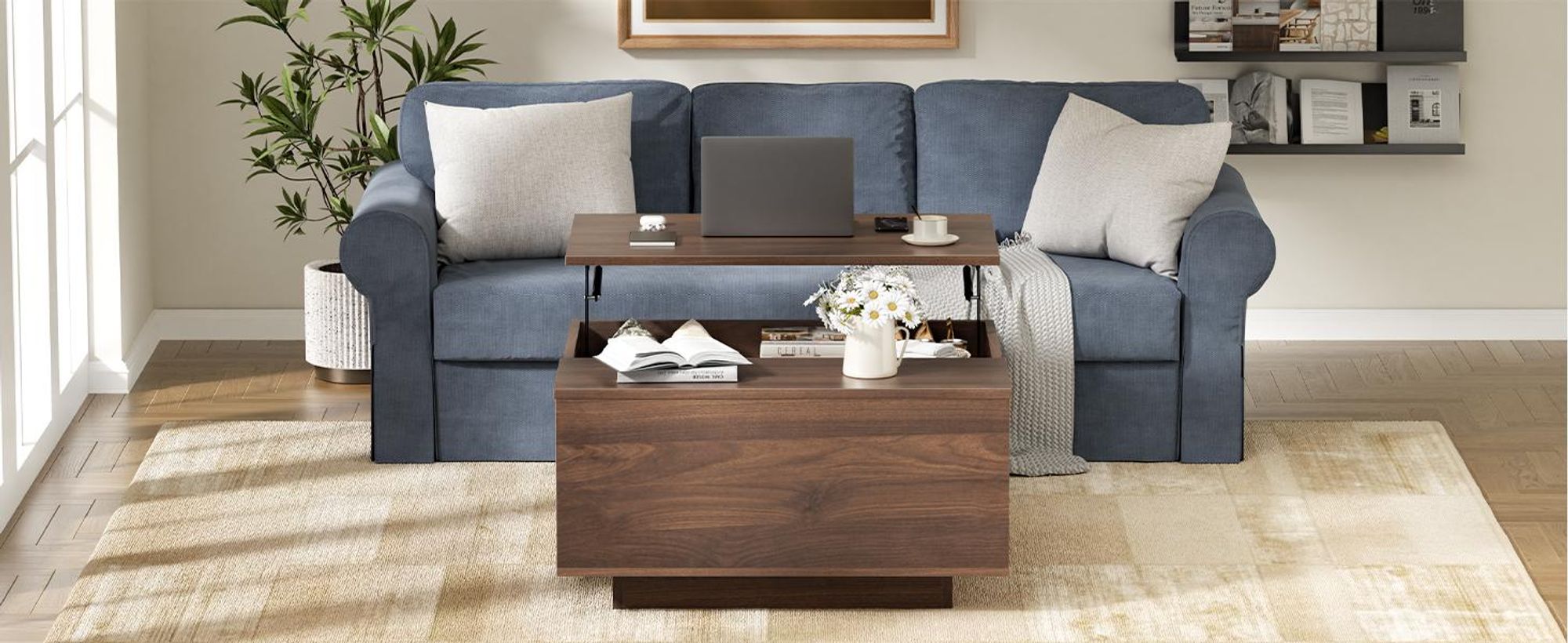 FABATO Couchtisch eckig, höhenverstellbar mit verstecktem Staufach, Landhaus-Design in Nussbaum
