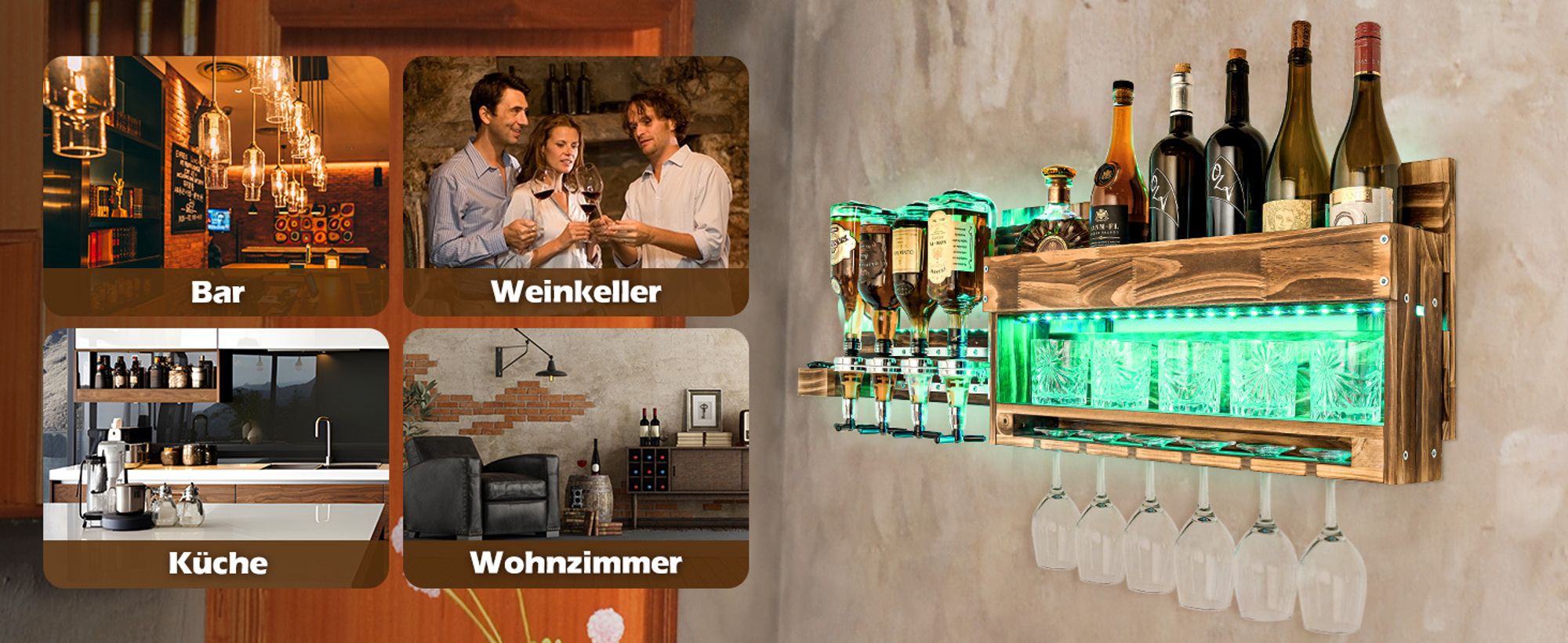 Yorbay Weinregal mit LED-Licht Palette beflammt Holz, Wandbar mit 4 Getränkespender Wand Flaschenhalter Flaschenhalter, Vintage, Geschenk