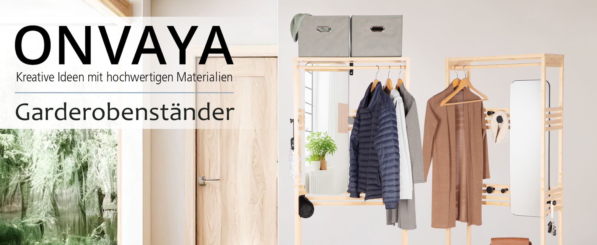 ONVAYA® Garderobenständer mit Spiegel ǀ Grau ǀ Bambus Garderobe mit Kleiderstange, Haken, Aufbewahrungsboxen und Sitzbank