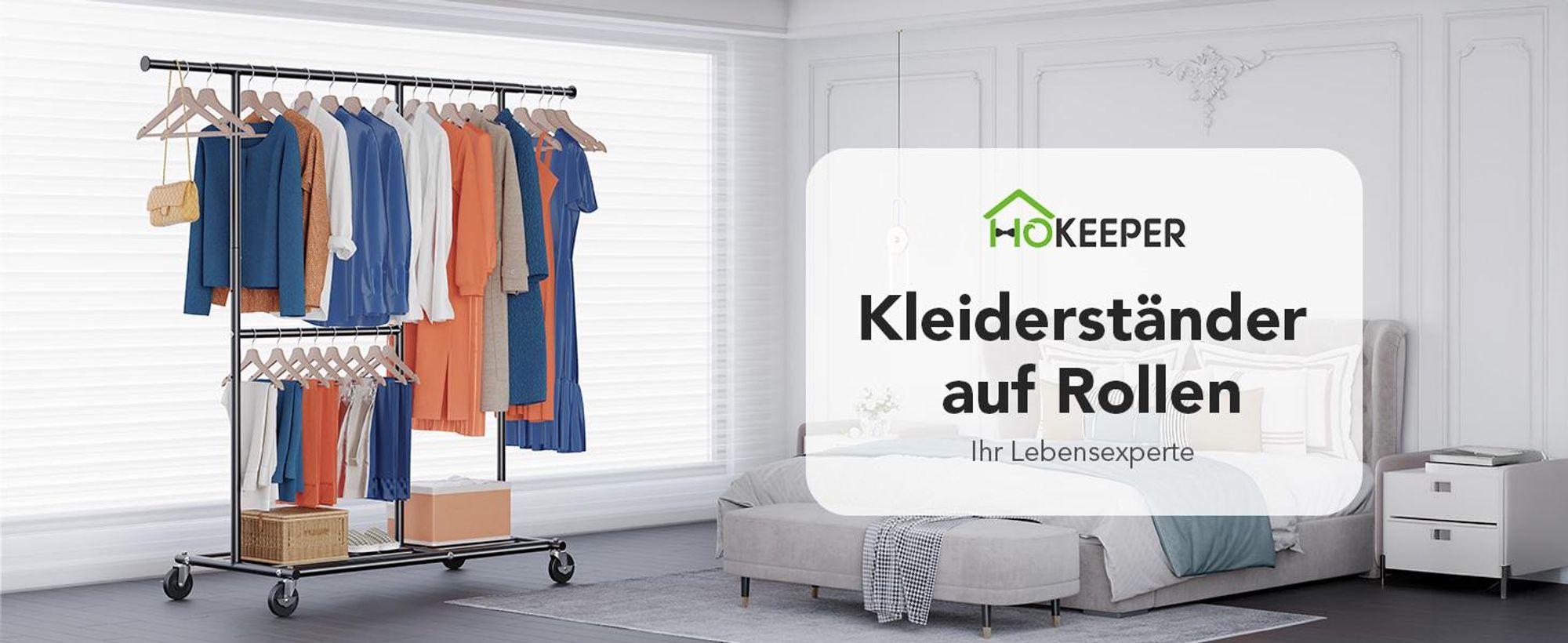 HOKEEPER Schwerlast Kleiderständer auf Rollen, bis 150 kg Belastbarkeit, strapazierfähige Kleiderstange mit Ablageflächen zum Aufhängen, für Schlafzim
