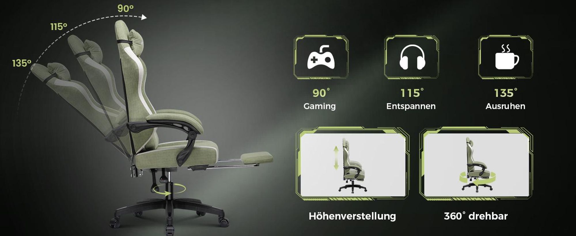 GTPLAYER Gaming Stuhl Ergonomischer, PC Stuhl Atmungsaktiver Stoff, Groß und Hoch Drehbarer Schreibtischstuhl mit Fußstütze, Grün
