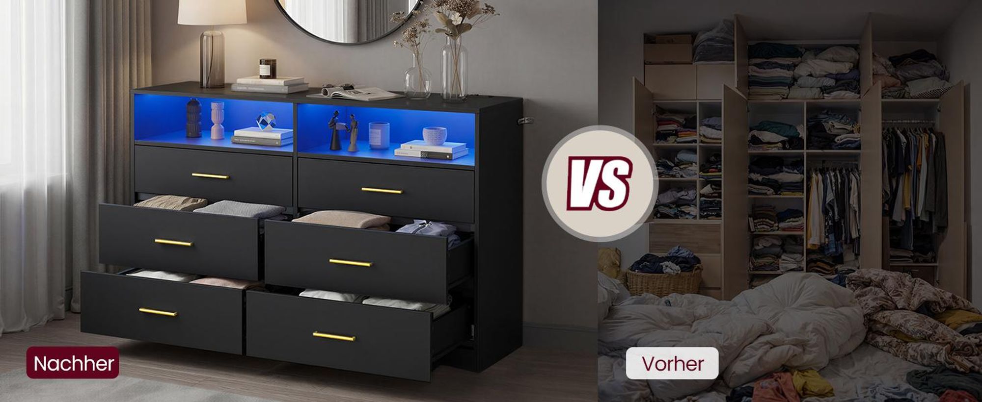 VASAGLE Kommode mit LED-Beleuchtung und Ladestation, 6 Schubladen, modern, Schlafzimmer Wohnzimmer, schwarz