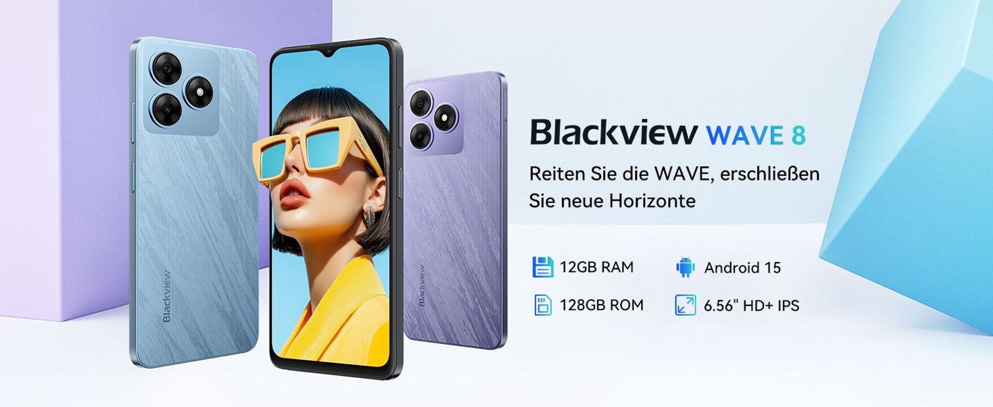 Blackview Wave 8 AI Handy Ohne Vertrag, 6,56" HD+ IPS Display, 12GB+128GB ROM, Octa-Core, 5000mAh, 13MP+8MP, Dual SIM, Face ID,1080P FHD
