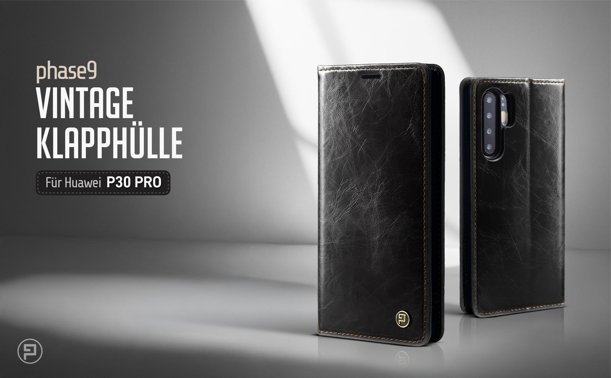 Schwarze Klapphülle für Huawei P30 Pro im klassischen Vintage Look