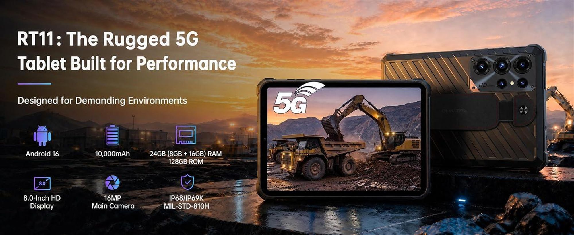 OUKITEL RT11 5G Outdoor Tablet, Wasserdicht Tablet, Android 16, 8" 2K HD Rugged Tablets 24GB+128GB/1TB, 10000mAh/18W,16MP/IP68/IP69K/NFC/OTG/Face ID