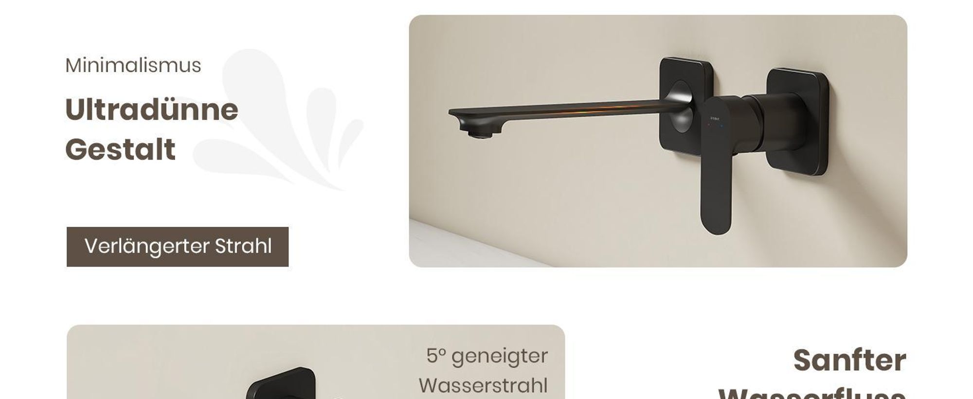 EMKE Waschtischarmatur Wandmontage, Unterputz Wasserhahn Bad, 2-Loch Einhebelmischer Mischbatterie für Waschbecken 233x127x110mm Matt Schwarz