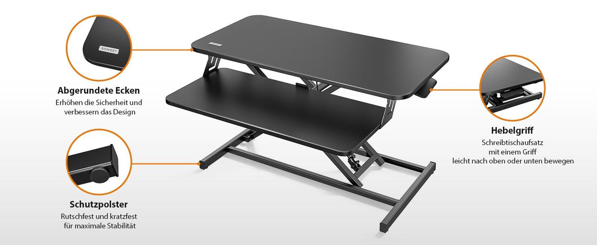 SENSE7 Desktop - Konverter Schwarz Ergonomischer Schreibtischaufsatz Höhenverstellbar Sitz-Steh Workstation 81x40 cm Büro Stehpult Monitorständer PC